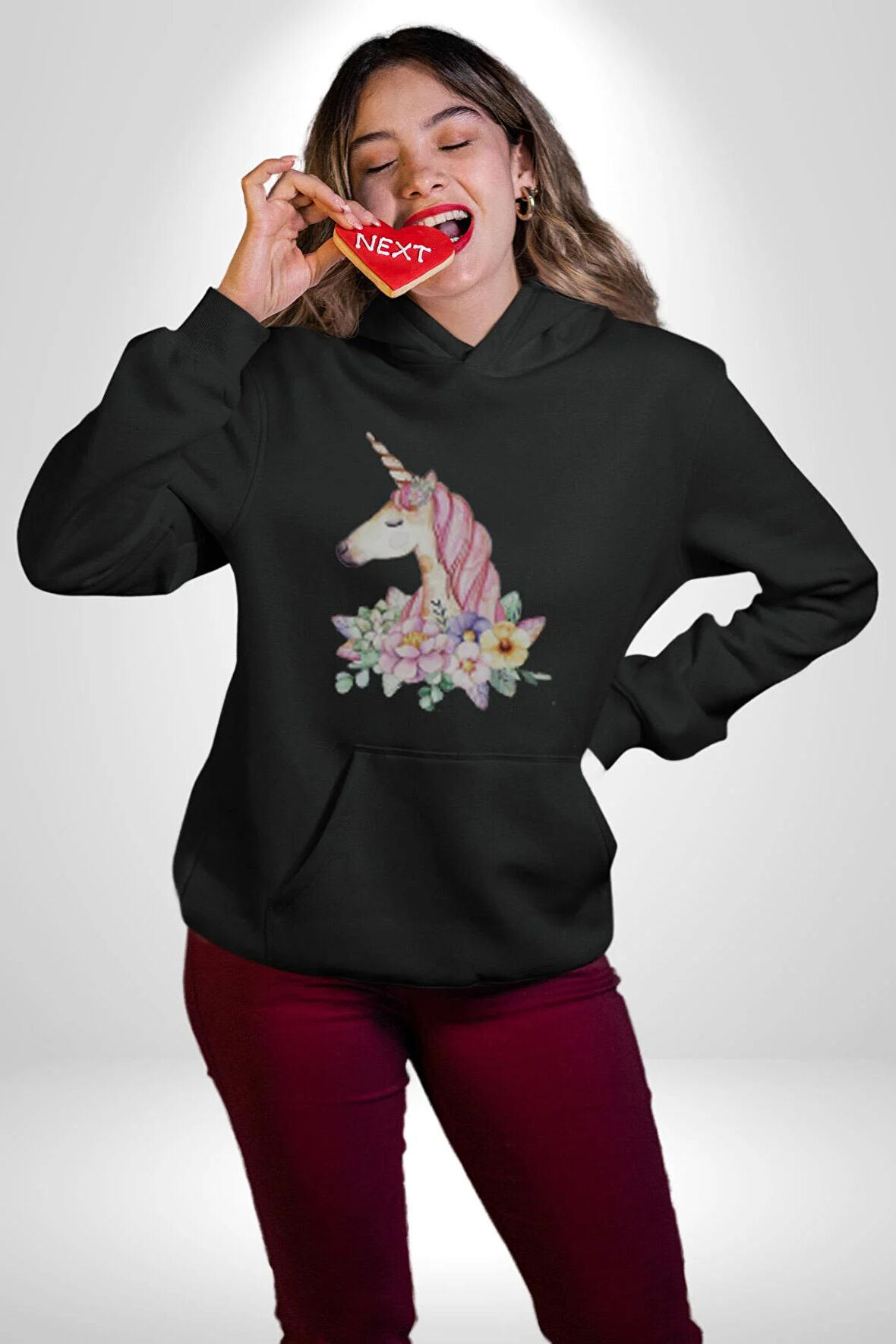 Unicorn Çiçek  Kadın Erkek  Siyah Kapüşonlu Sweatshirt Hoodie