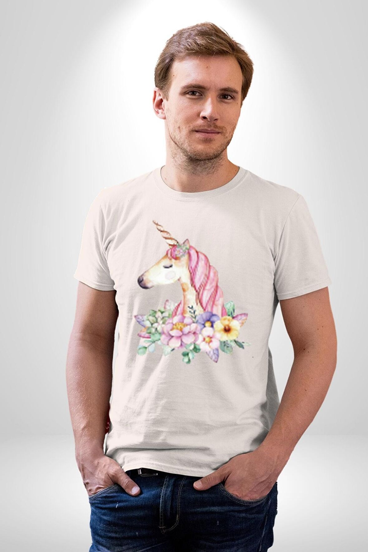Unicorn Çiçek  Kadın Erkek Unisex Beyaz Organik Baskılı T-Shirt Penye Yüksek Kalite