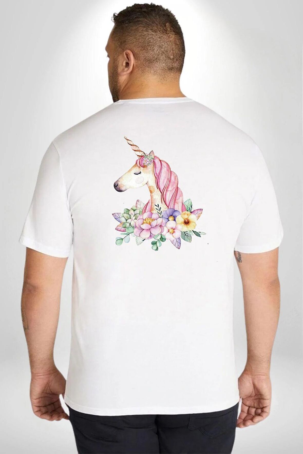 Unicorn Çiçek  Büyük Beden Beyaz Tişört Kadın Erkek Ünisex Sırt Baskılı