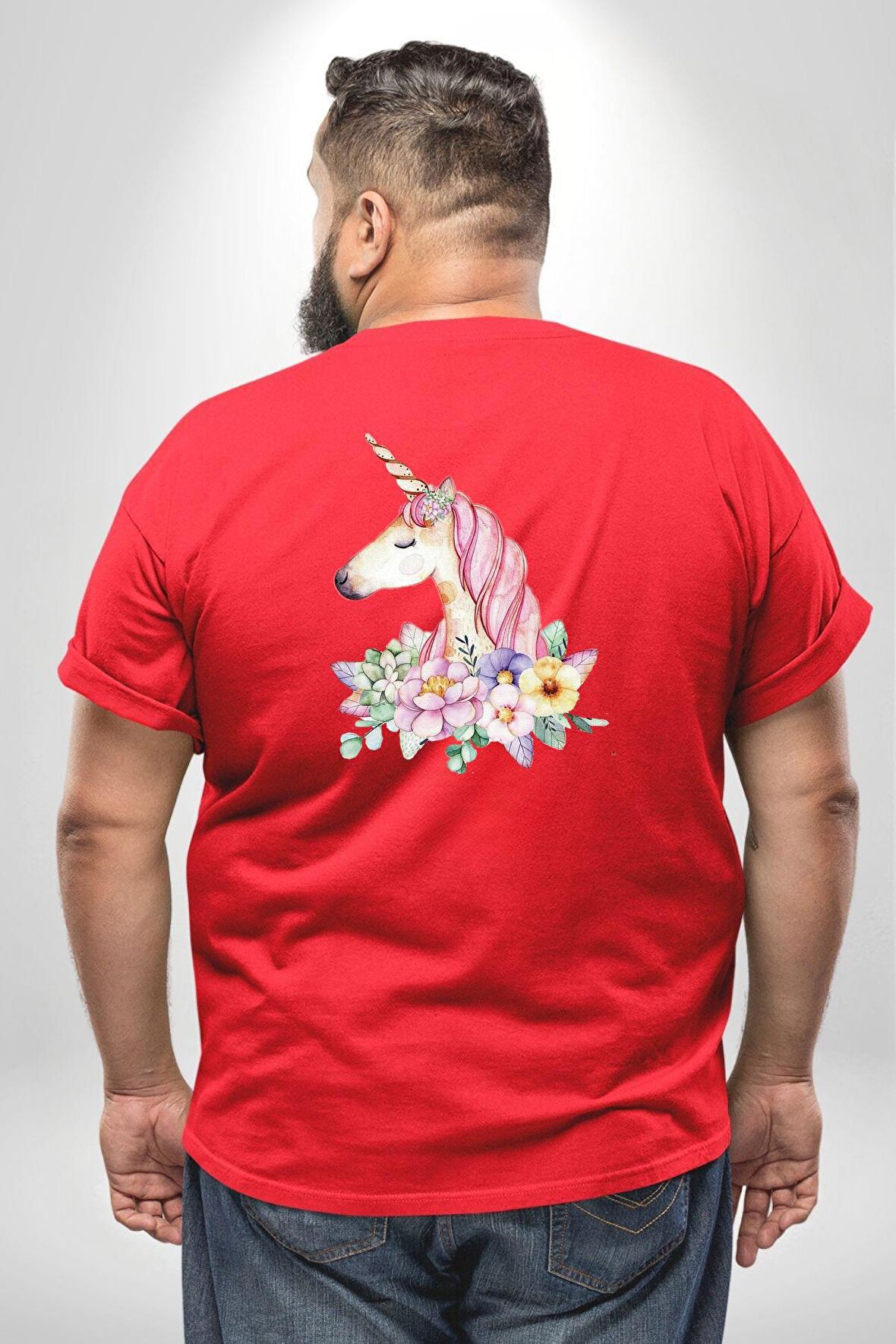 Unicorn Çiçek  Büyük Beden Kırmızı Tişört Kadın Erkek Ünisex Sırt Baskılı