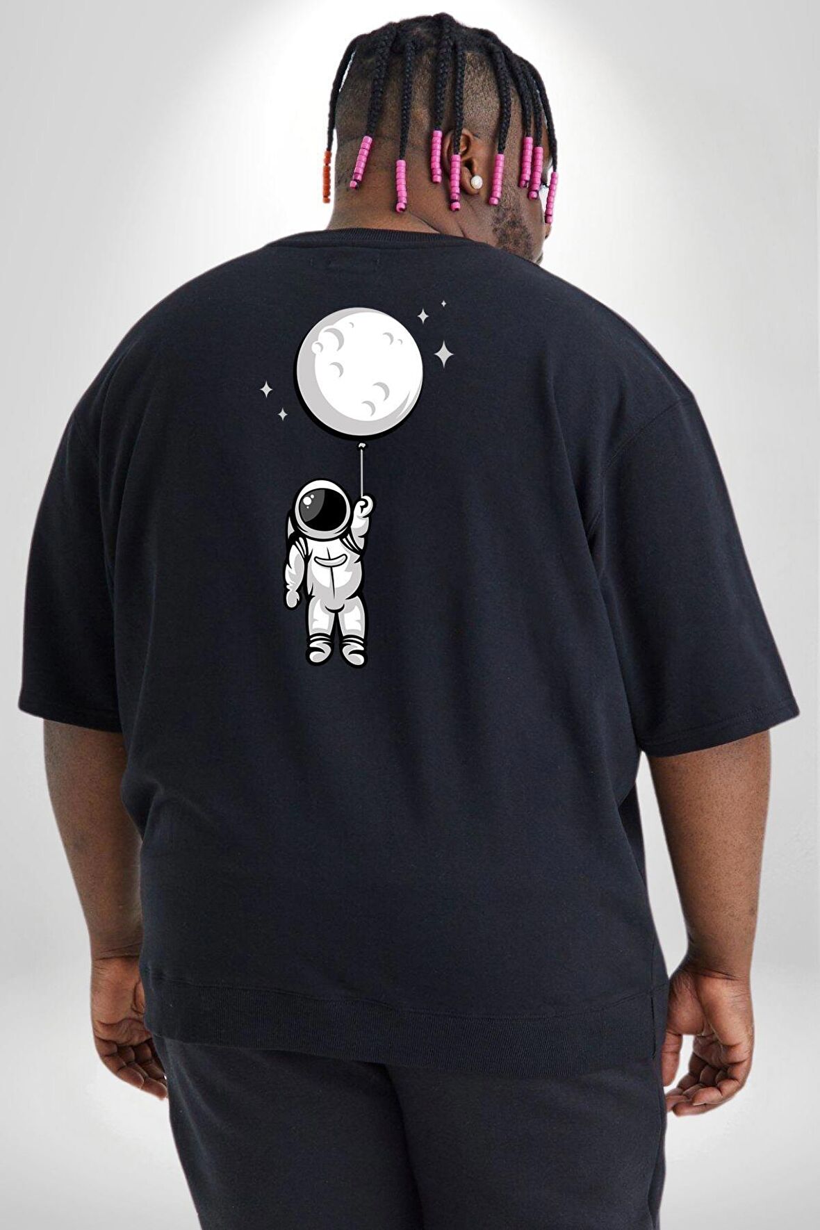 Astronot Ay Balon Büyük Beden Siyah Tişört Kadın Erkek Ünisex Sırt Baskılı