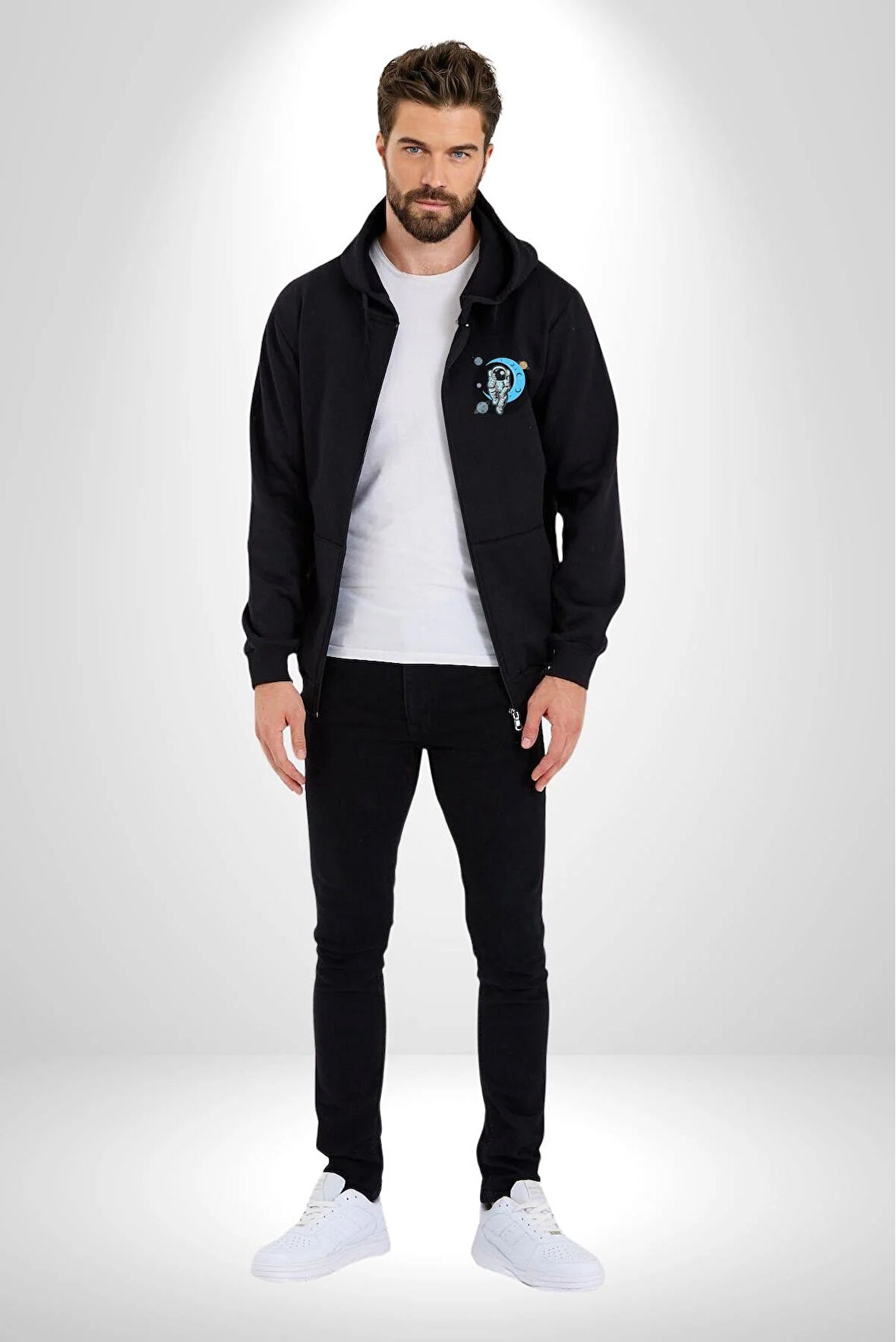 Astronot Uzayda Sıkılmış  Kadın Erkek Siyah Renk Kapüşonlu Kanguru Cepli  Fermuarlı Pamuklu Oversize Dijital Baskılı Hırka Sweatshirt