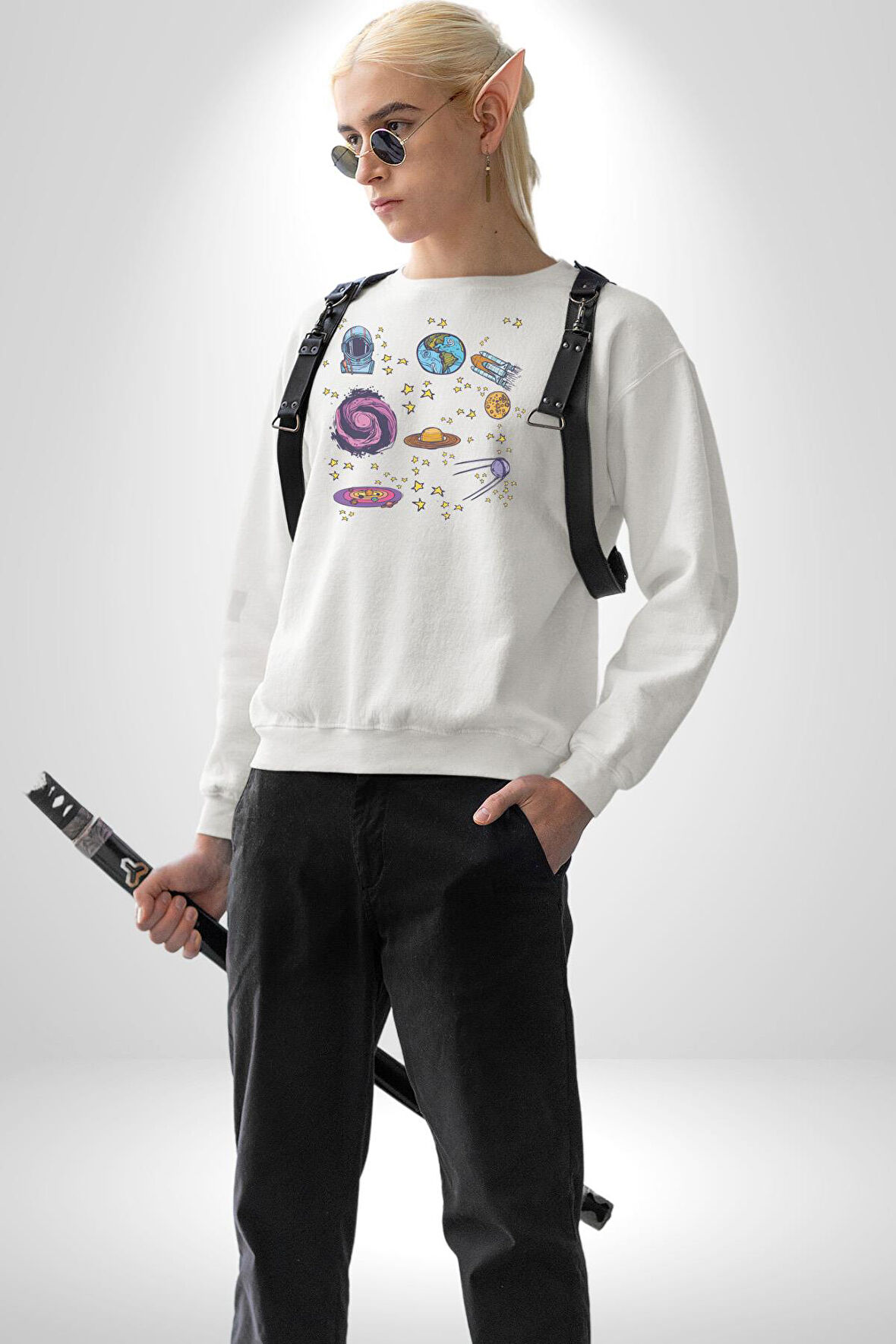 Uzay Figürleri Mars Ay Dünya Kadın Erkek  Beyaz Baskılı Sweatshirt 