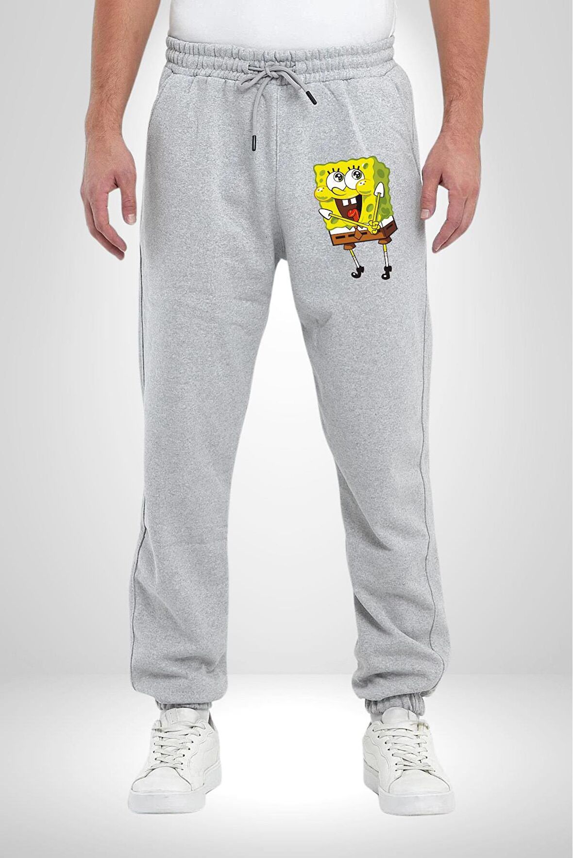 Spongebob Mutlu Karakter  Pamuklu 3 İplik Gri Eşofman Altı Erkek Oversize Kesim Dijital Baskılı