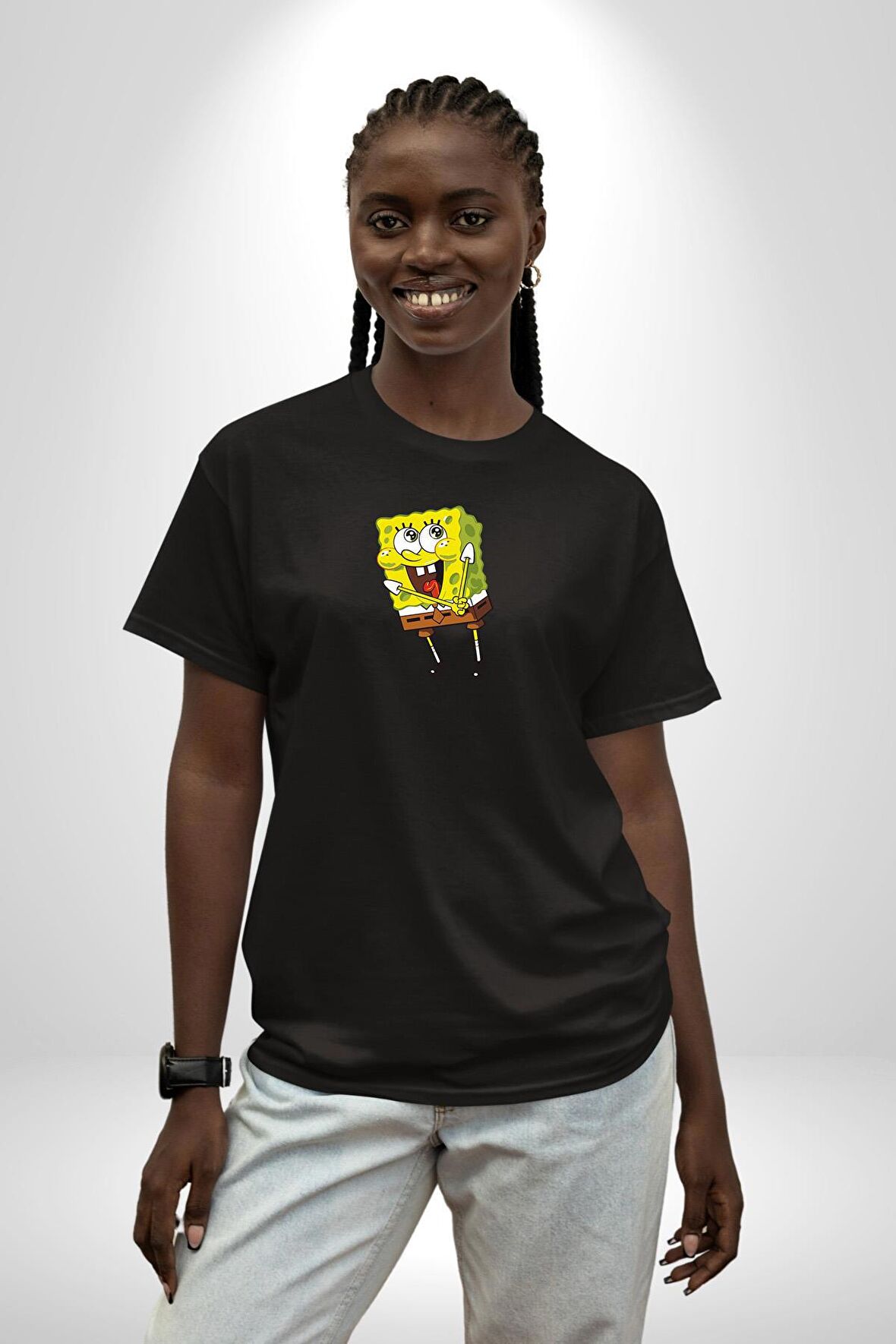 Spongebob Mutlu Karakter  Siyah Oversize Kadın Erkek Ön Orta Minimal Baskılı Tişört