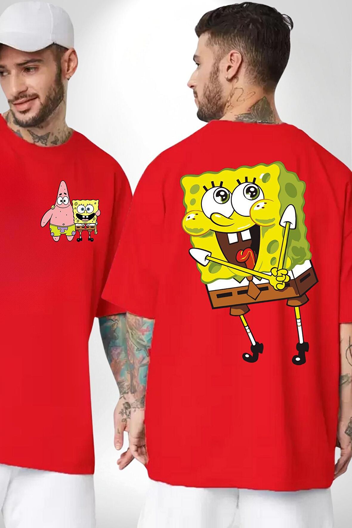 Spongebob Mutlu Karakter  Kırmızı Oversize Kadın Erkek Ön ve Sırt Baskılı Tişört