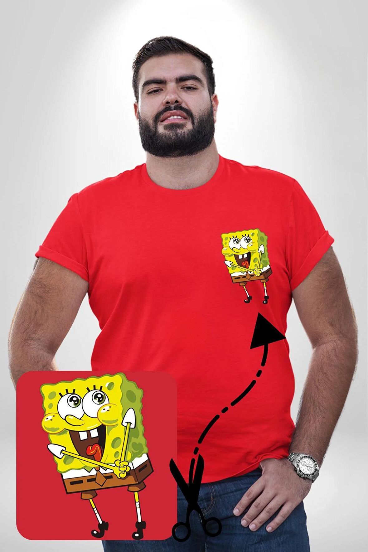 Spongebob Mutlu Karakter  Kırmızı Büyük Beden Kadın Basic Minimal Baskılı Tişört