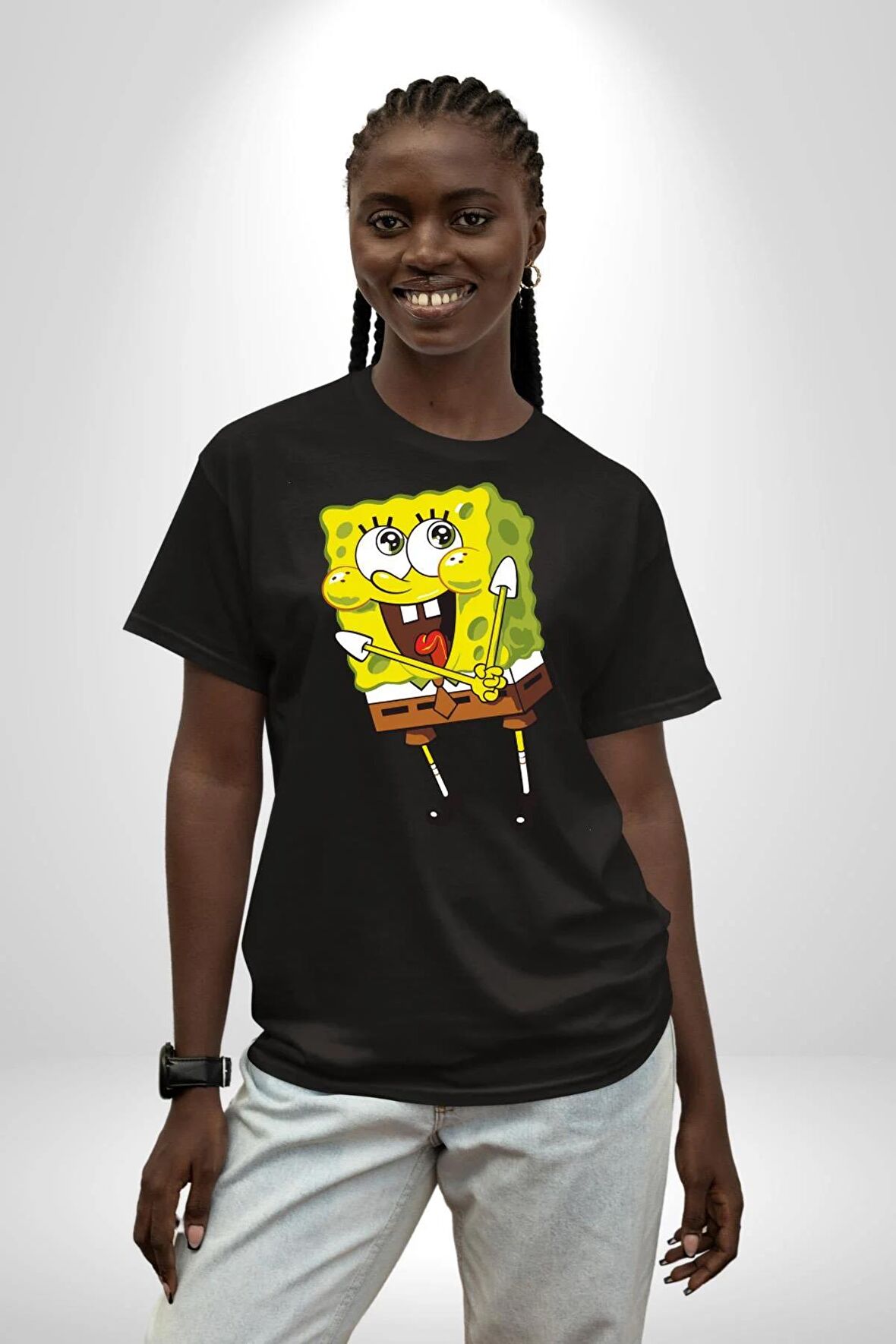 Spongebob Mutlu Karakter  Pamuklu Bisiklet Yaka Kadın Erkek Oversize Boyfriend Dijital Baskılı Siyah T-shirt