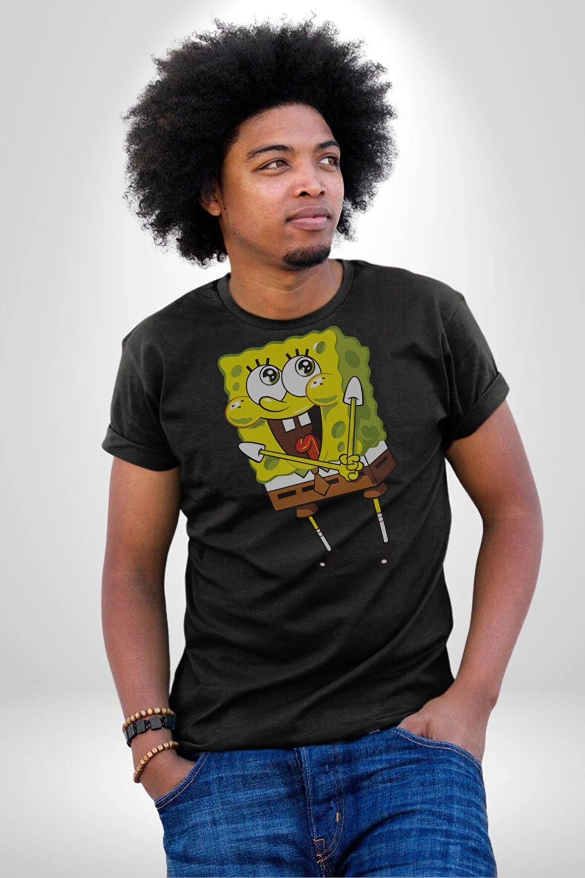 Spongebob Mutlu Karakter  Kadın Erkek Unisex Siyah Organik Baskılı T-Shirt Penye Yüksek Kalite