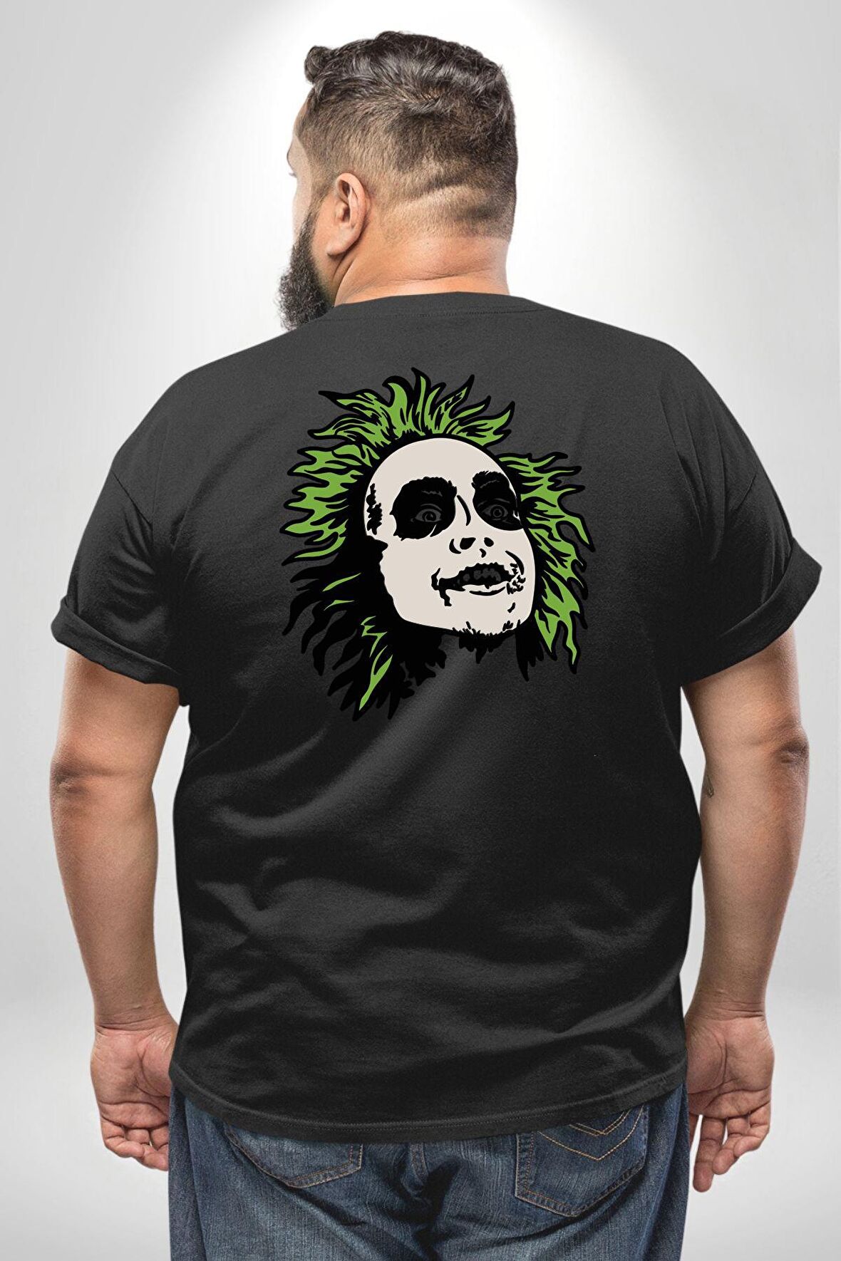 Beetlejuice 80lerin Korku Filmi Büyük Beden Siyah Tişört Kadın Erkek Ünisex Sırt Baskılı