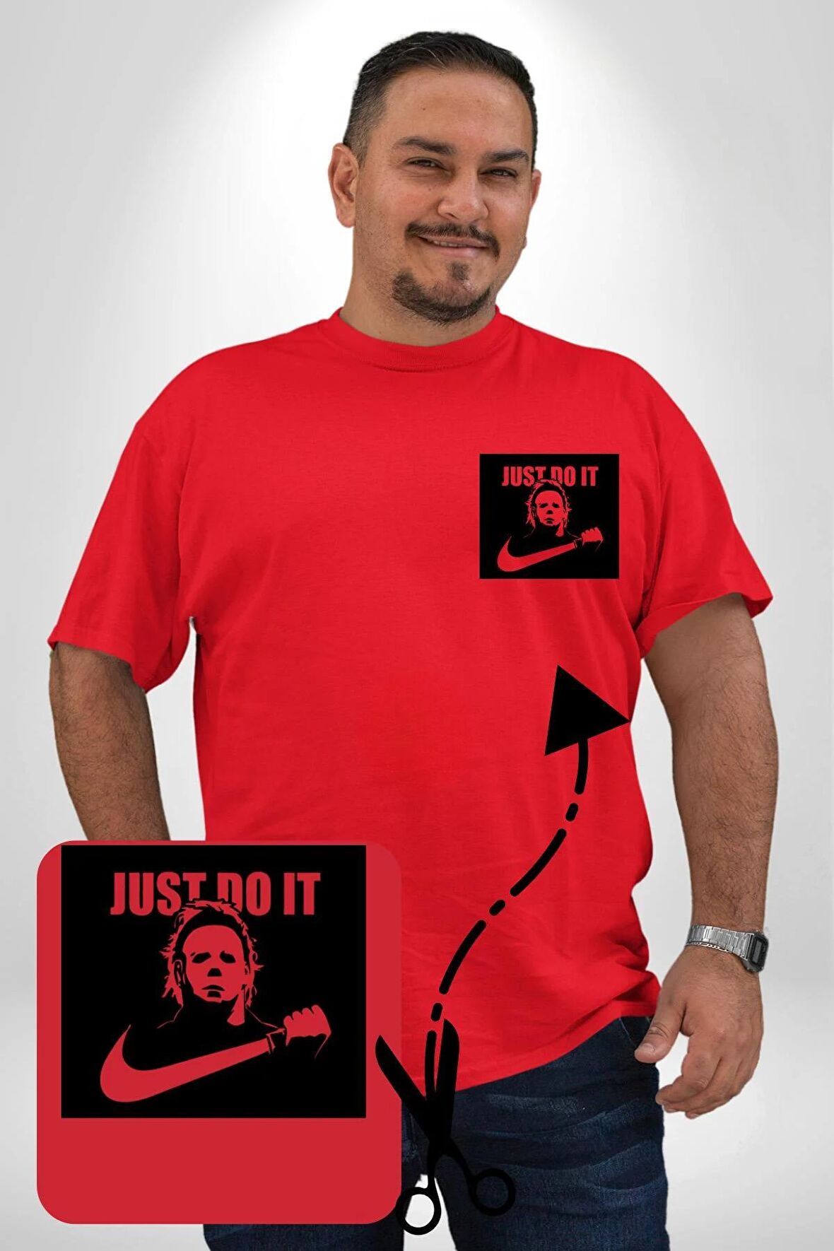 Michael Myers Just Do It Korku Filmleri Cadılar Bayramı Kırmızı Büyük Beden Kadın Basic Minimal Baskılı Tişört