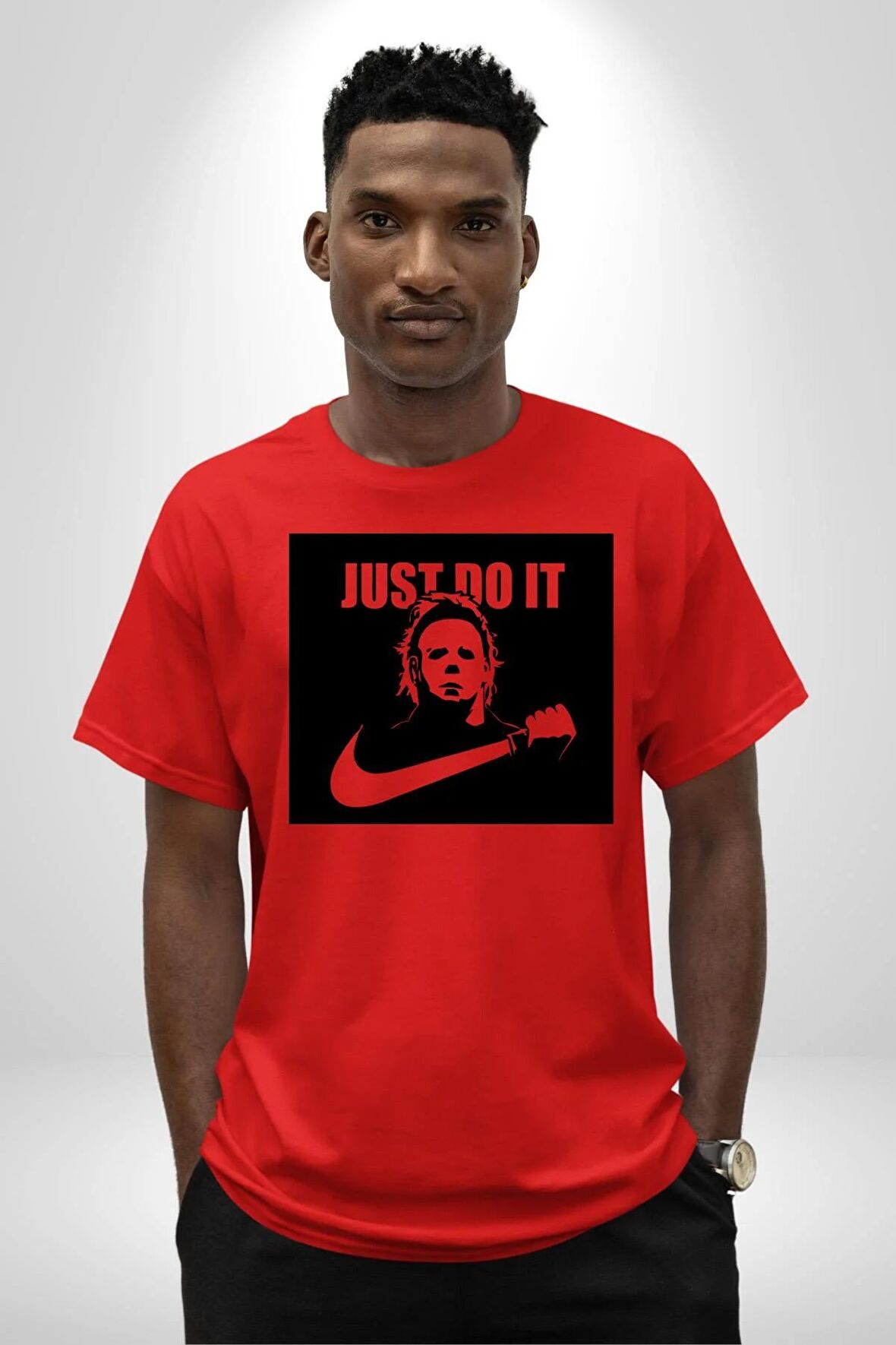 Michael Myers Just Do It Korku Filmleri Cadılar Bayramı Pamuklu Bisiklet Yaka Kadın Erkek Oversize Boyfriend Dijital Baskılı Kırmızı T-shirt