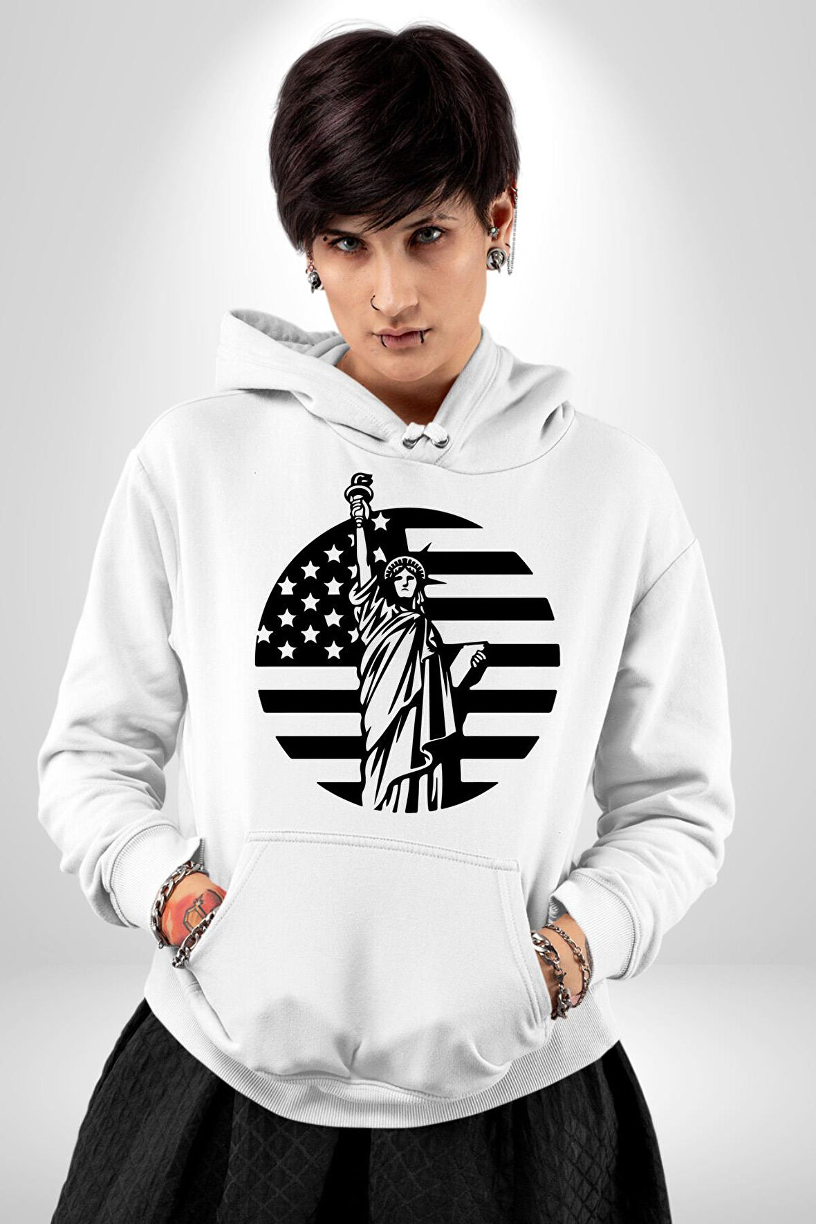Özgürlük Anıtı ve Amerikan Bayrağı Silüeti Kadın Erkek  Beyaz Kapüşonlu Sweatshirt Hoodie