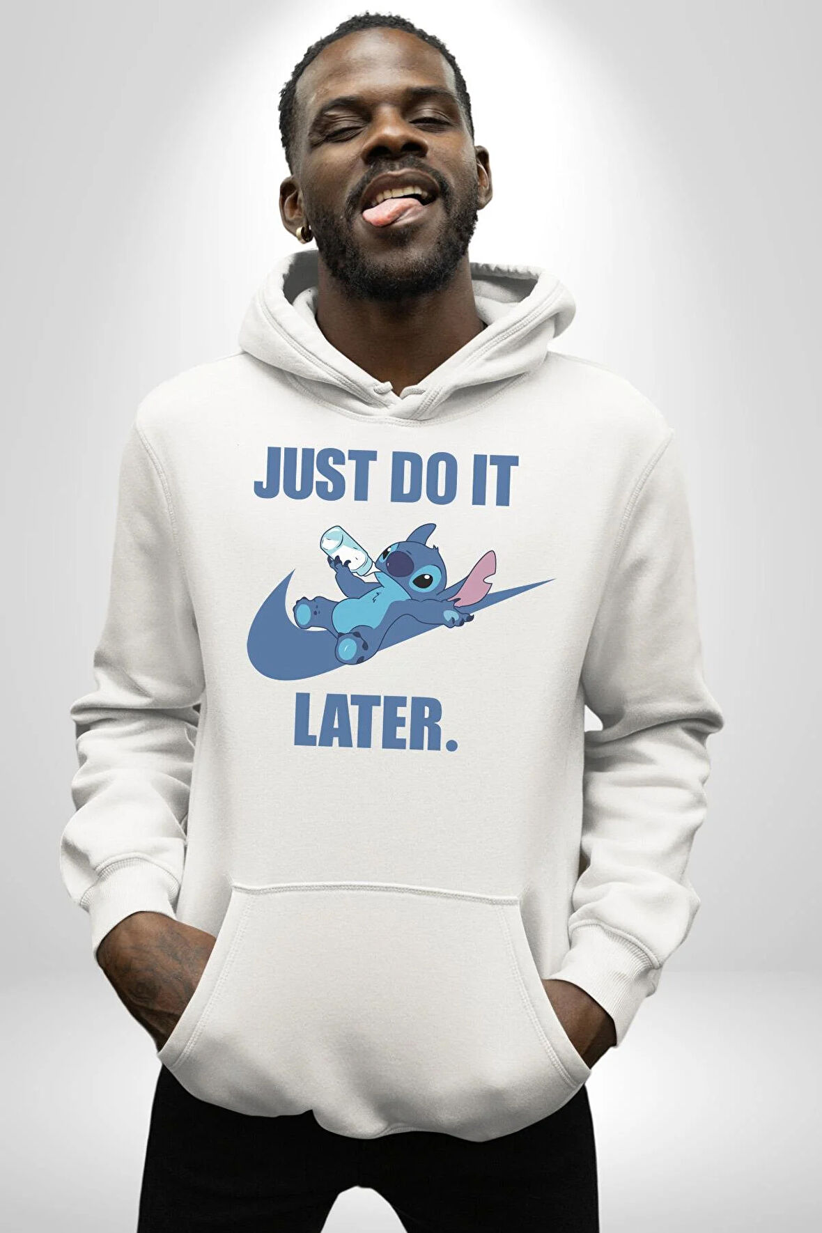 DO IT LATER Stitch Biberon Animasyon Kadın Erkek  Beyaz Kapüşonlu Sweatshirt Hoodie