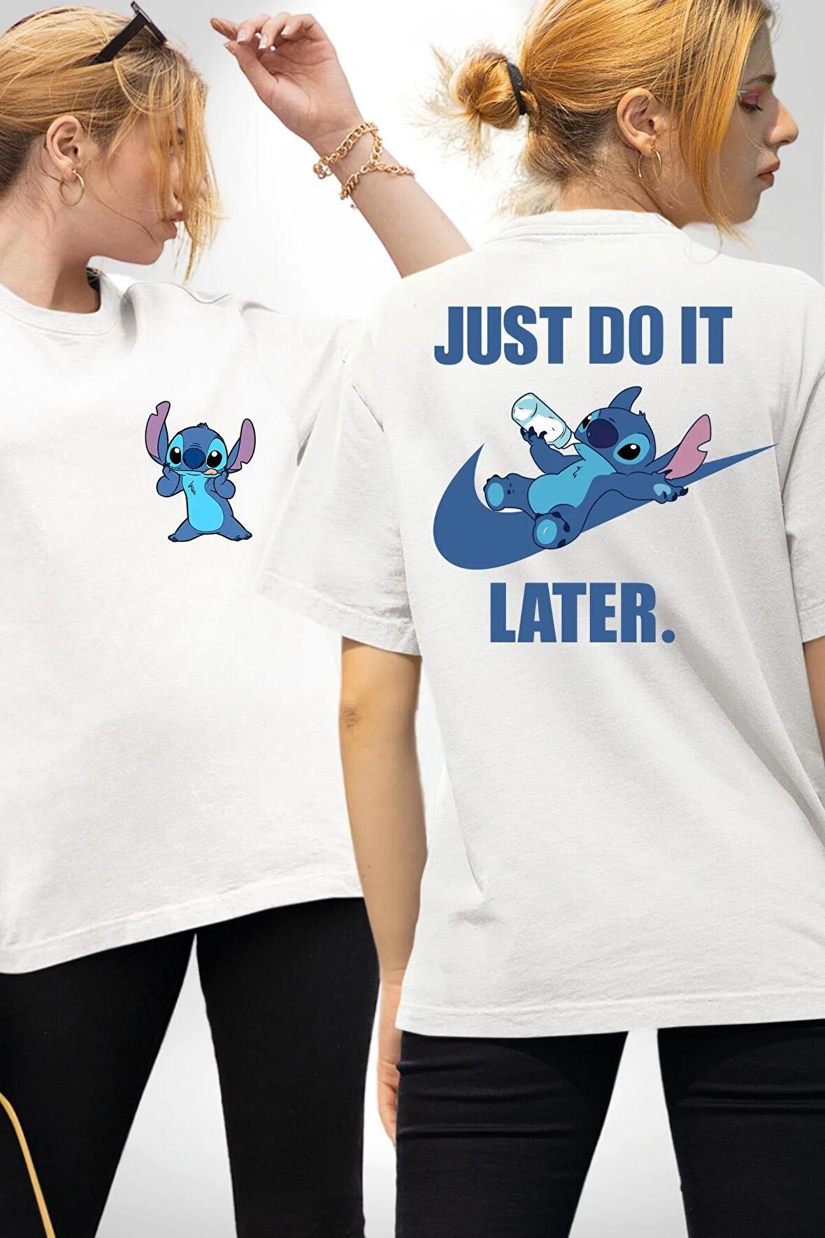 DO IT LATER Stitch Biberon Animasyon Beyaz Oversize Kadın Erkek Ön ve Sırt Baskılı Tişört