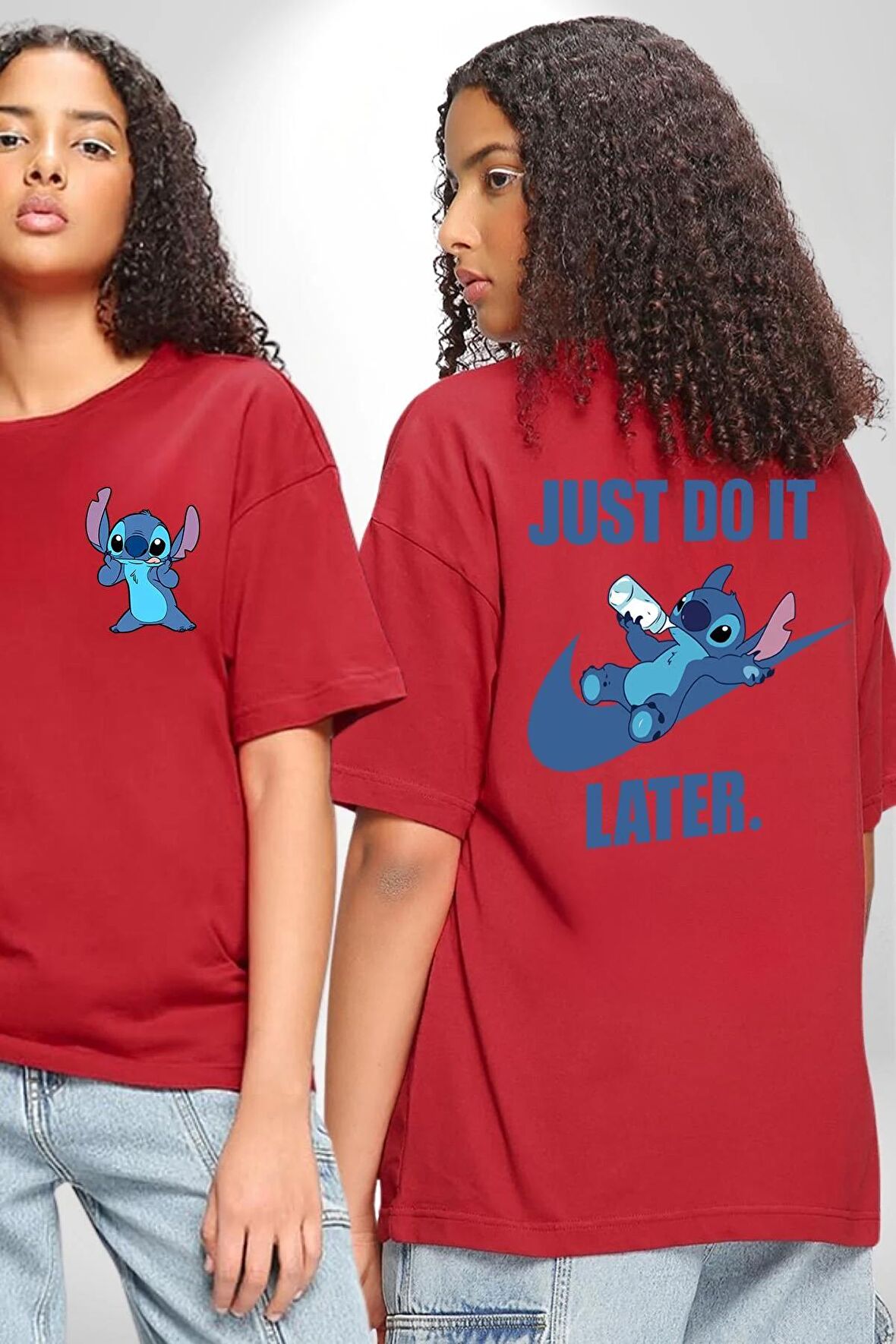 DO IT LATER Stitch Biberon Animasyon Kırmızı Oversize Kadın Erkek Ön ve Sırt Baskılı Tişört