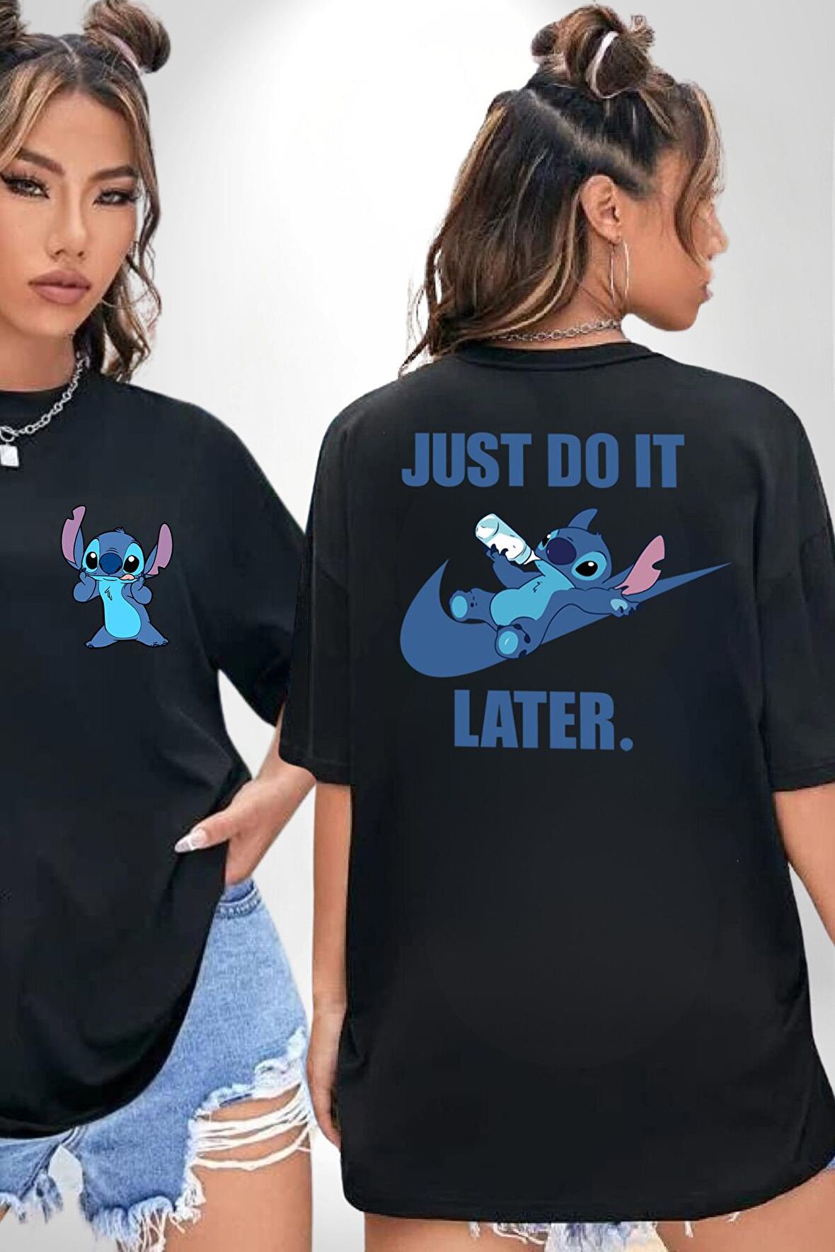 DO IT LATER Stitch Biberon Animasyon Siyah Oversize Kadın Erkek Ön ve Sırt Baskılı Tişört
