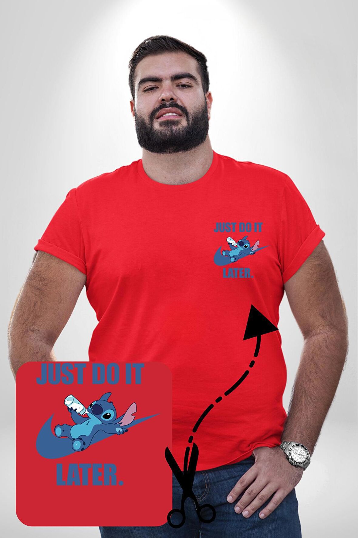 DO IT LATER Stitch Biberon Animasyon Kırmızı Büyük Beden Kadın Basic Minimal Baskılı Tişört