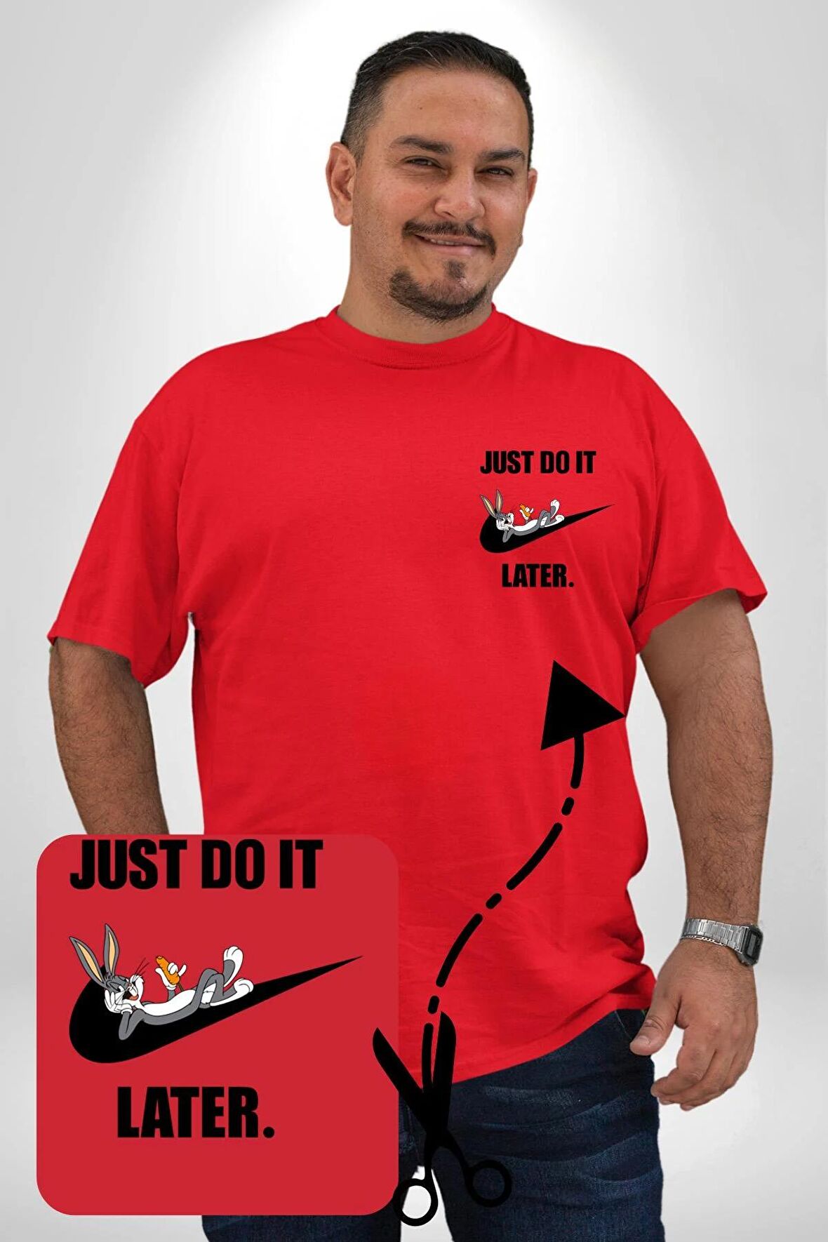 Just Do It Later Nike Bug Bunny Kırmızı Büyük Beden Kadın Basic Minimal Baskılı Tişört