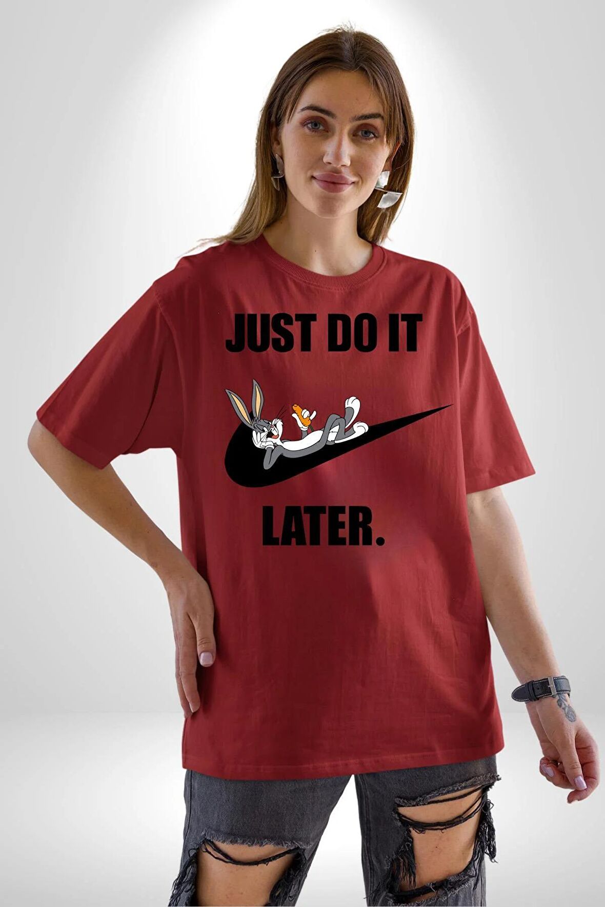 Just Do It Later Nike Bug Bunny Pamuklu Bisiklet Yaka Kadın Erkek Oversize Boyfriend Dijital Baskılı Kırmızı T-shirt