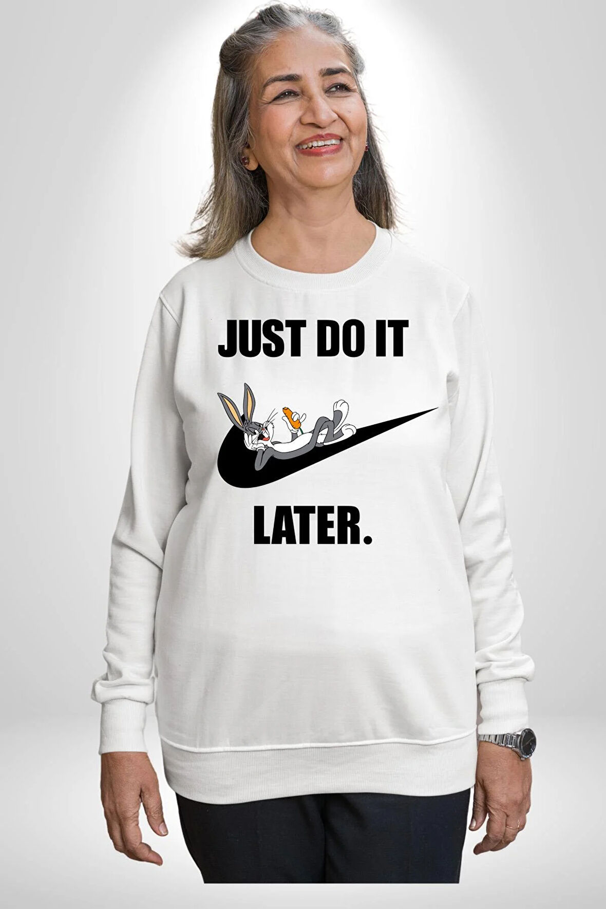 Just Do It Later Nike Bug Bunny Kadın Erkek Beyaz Sweatshirt 