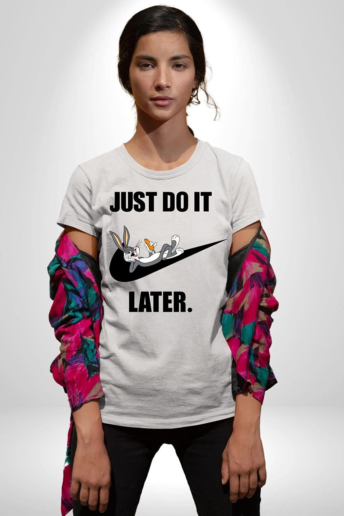 Just Do It Later Nike Bug Bunny Kadın Erkek Unisex Beyaz Organik Baskılı T-Shirt Penye Yüksek Kalite