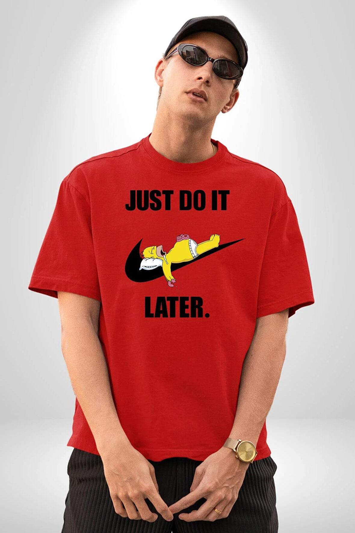 Karikatür Homer Simpson Donut Yastık Uyku Just Do it Pamuklu Bisiklet Yaka Kadın Erkek Oversize Boyfriend Dijital Baskılı Kırmızı T-shirt