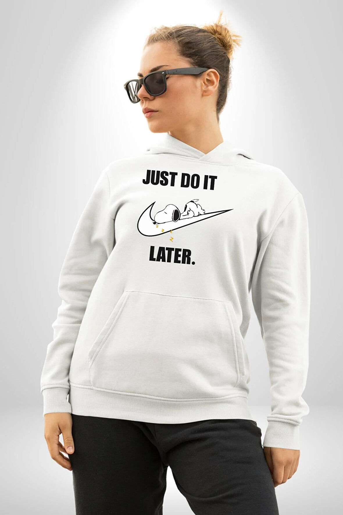 Snoopy Uyku Just Do İt Later Kadın Erkek  Beyaz Kapüşonlu Sweatshirt Hoodie