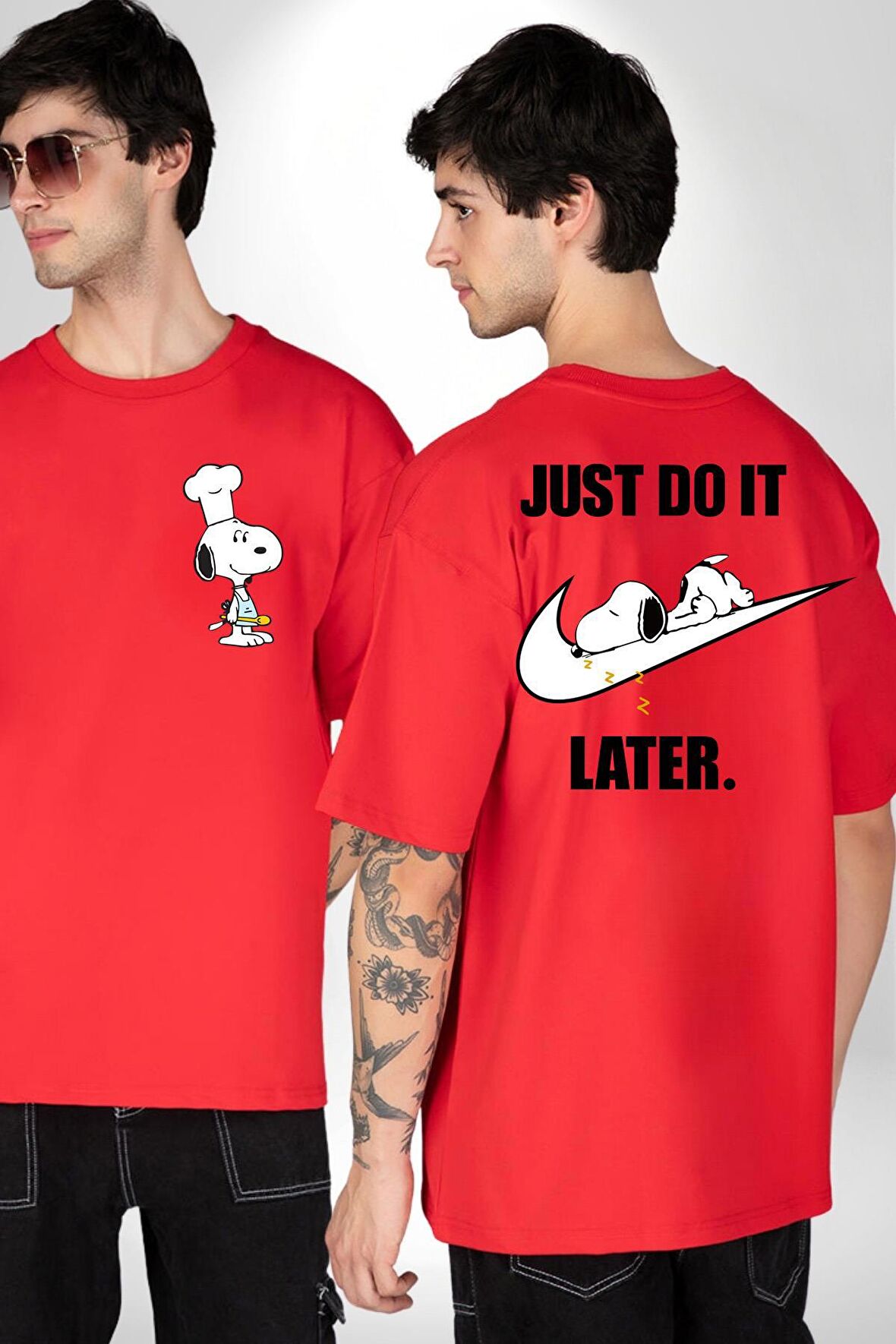 Snoopy Uyku Just Do İt Later Kırmızı Oversize Kadın Erkek Ön ve Sırt Baskılı Tişört