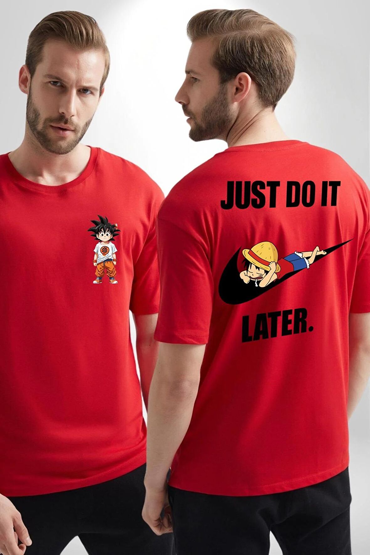 Anime Luffy Childhood Kırmızı Oversize Kadın Erkek Ön ve Sırt Baskılı Tişört