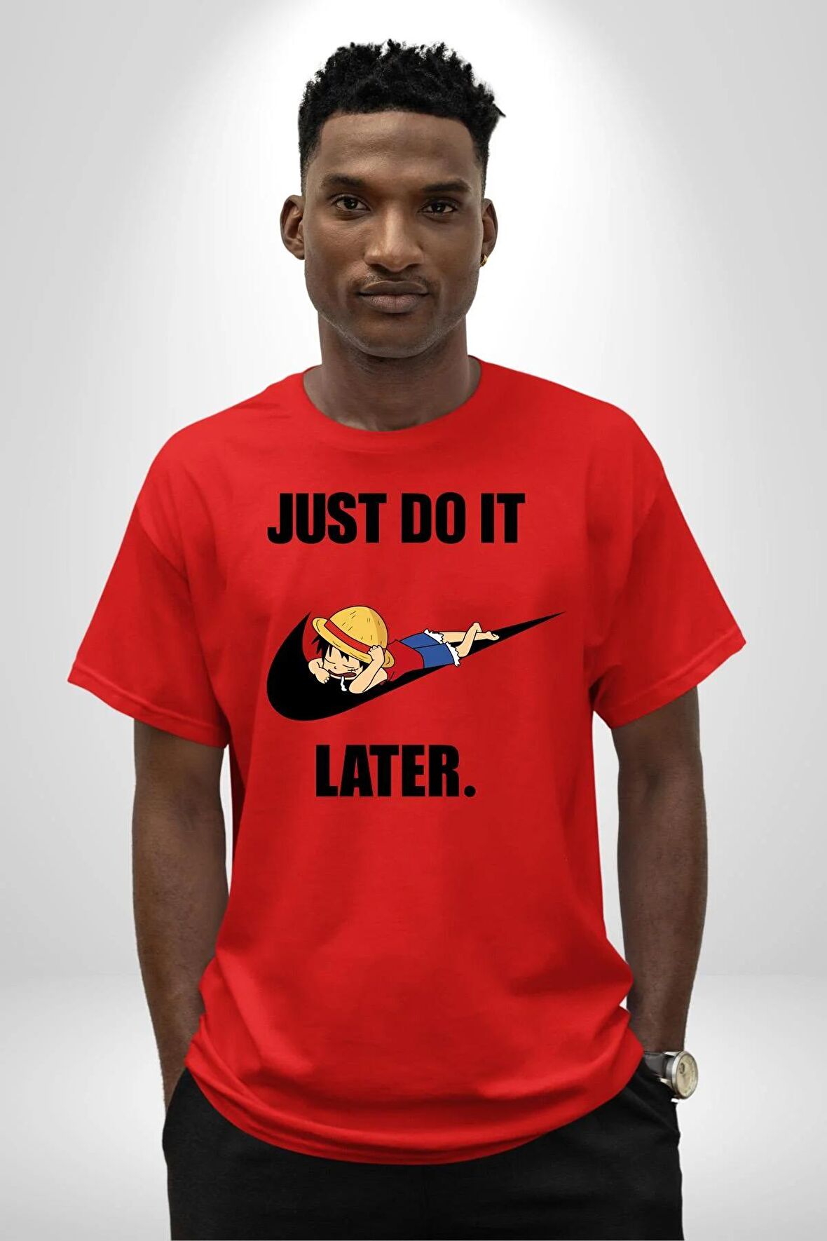 Anime Luffy Childhood Pamuklu Bisiklet Yaka Kadın Erkek Oversize Boyfriend Dijital Baskılı Kırmızı T-shirt