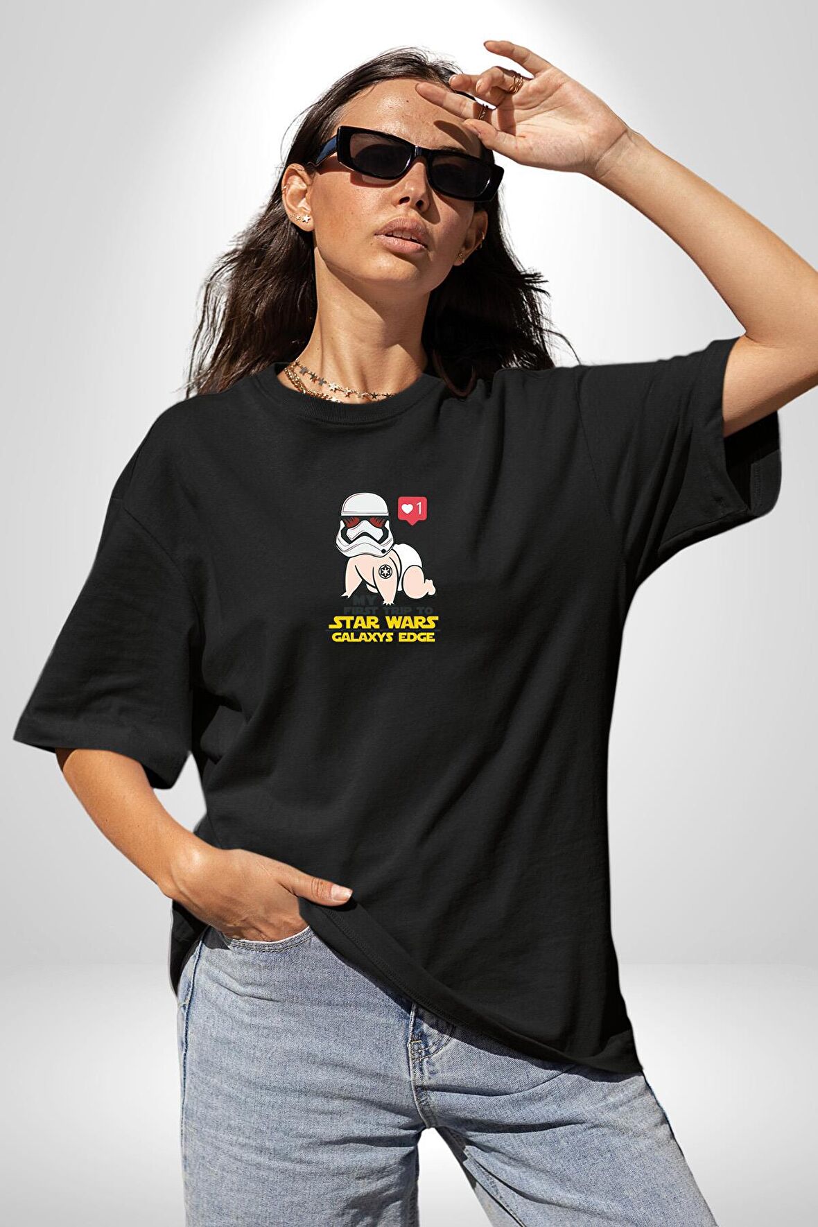 Star Wars My First Trip To Siyah Oversize Kadın Erkek Ön Orta Minimal Baskılı Tişört