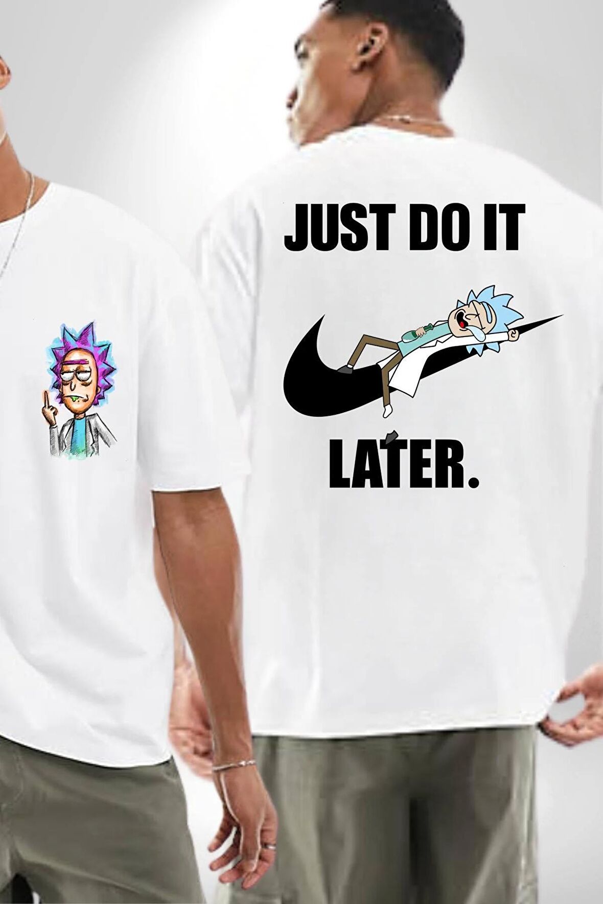 Rick Sanchez Uyku  Beyaz Oversize Kadın Erkek Ön ve Sırt Baskılı Tişört