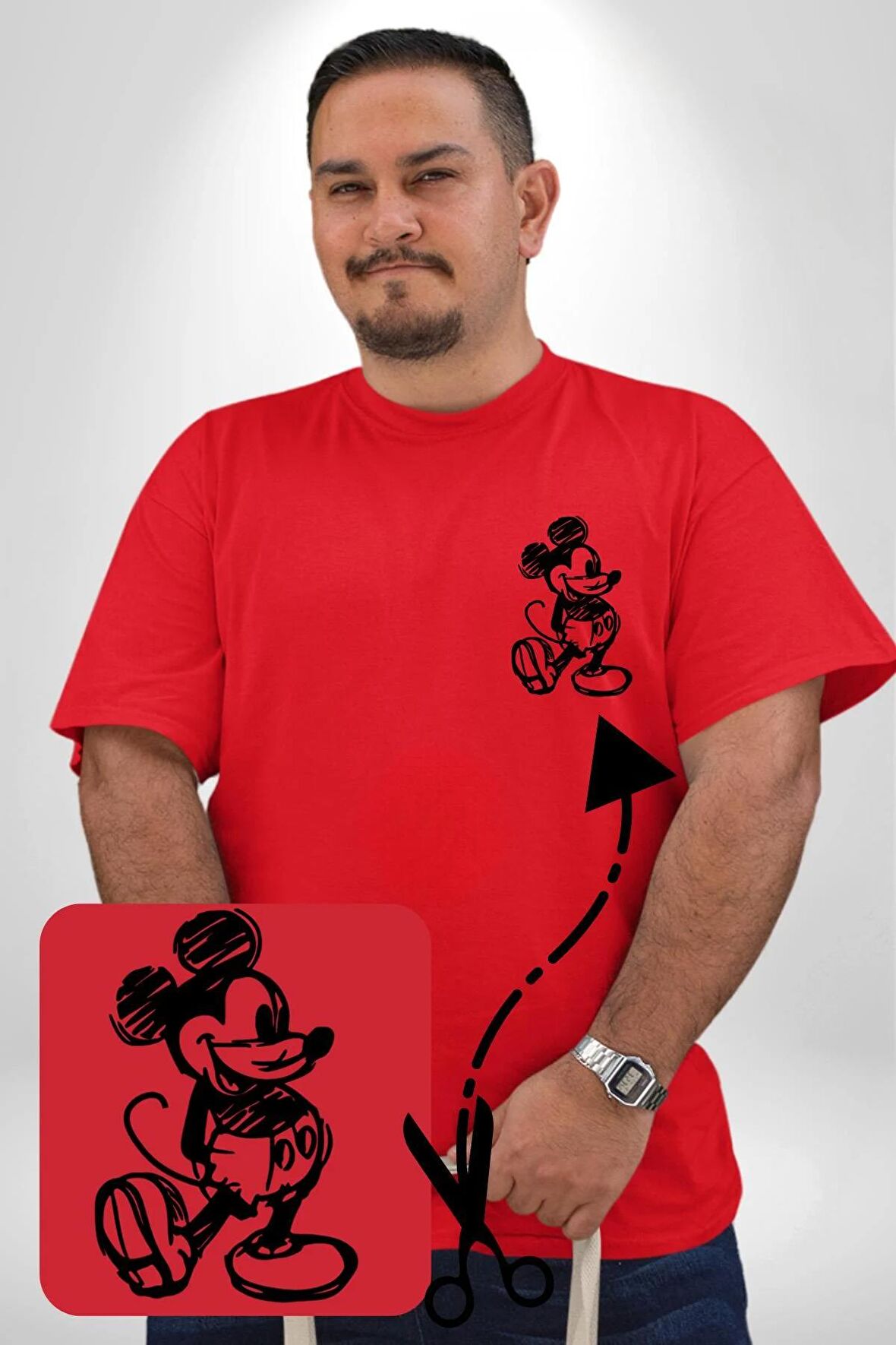 I love Mickey Kırmızı Büyük Beden Kadın Basic Minimal Baskılı Tişört