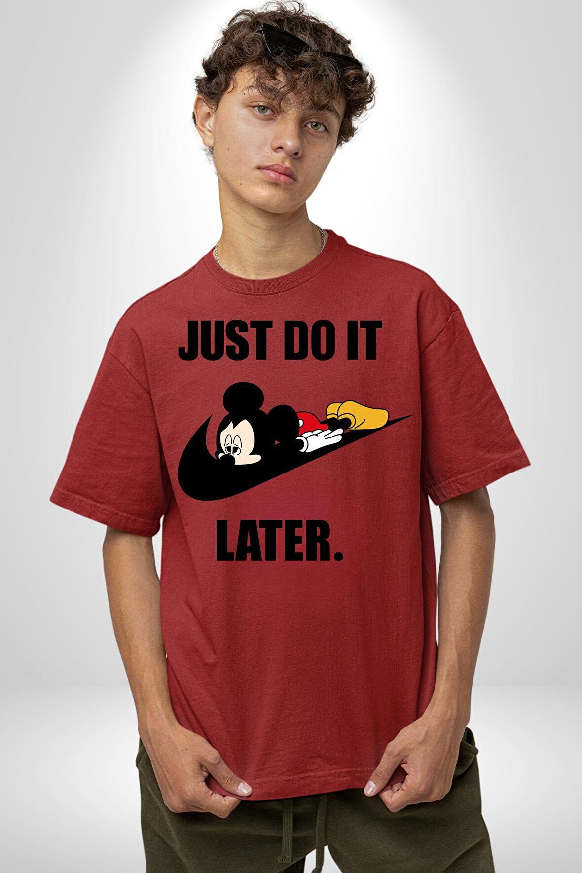 Mickey Bekleme Yap Spor Pamuklu Bisiklet Yaka Kadın Erkek Oversize Boyfriend Dijital Baskılı Kırmızı T-shirt