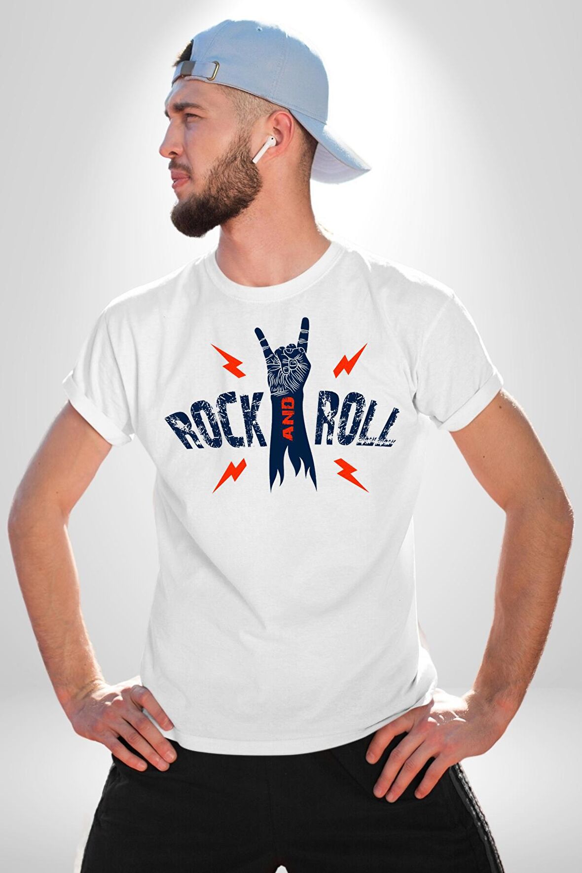 Rock And Roll Rock El İşareti Kadın Erkek Unisex Beyaz Organik Baskılı T-Shirt Penye Yüksek Kalite