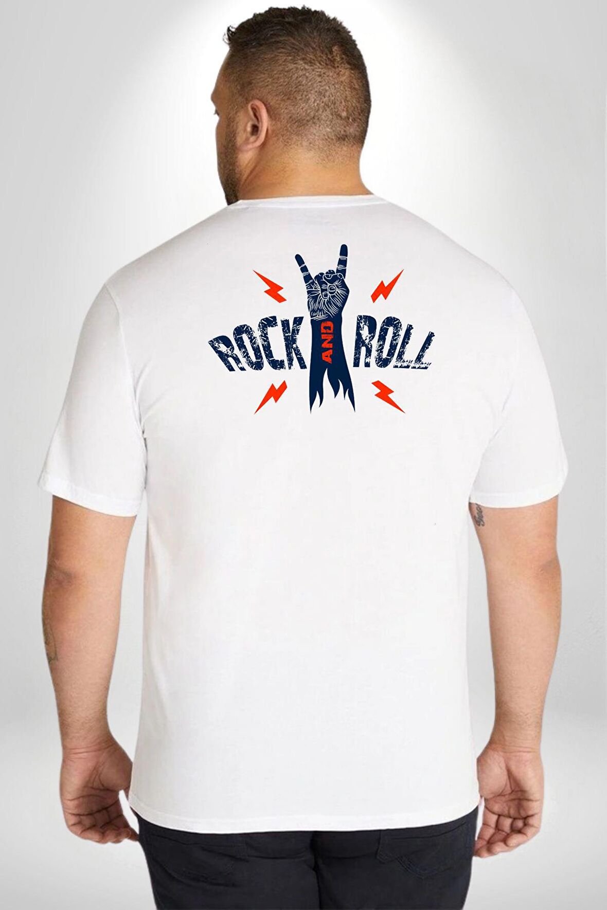 Rock And Roll Rock El İşareti Büyük Beden Beyaz Tişört Kadın Erkek Ünisex Sırt Baskılı