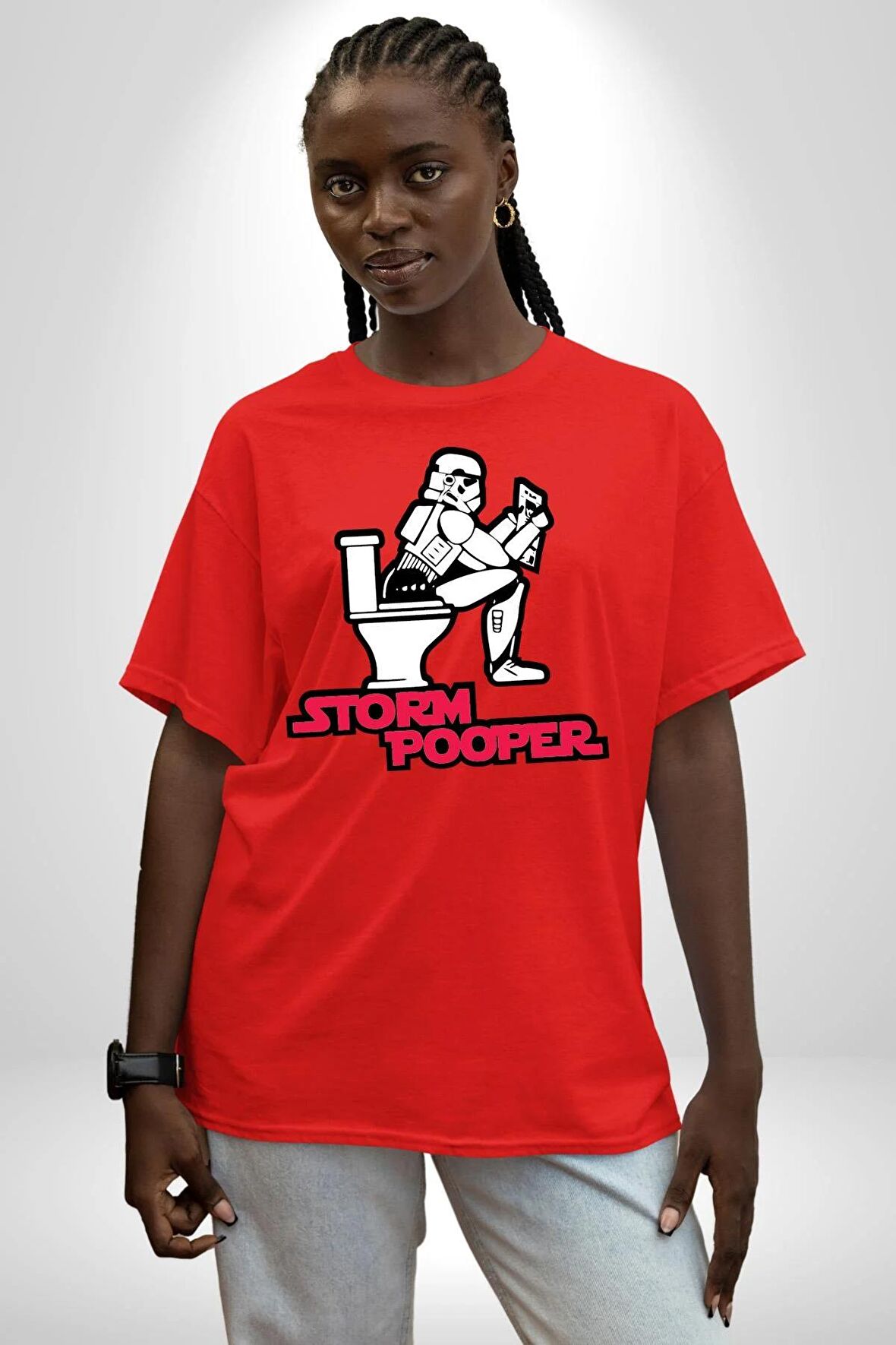 Storm Pooper Star Wars Tuvalet Gazete Pamuklu Bisiklet Yaka Kadın Erkek Oversize Boyfriend Dijital Baskılı Kırmızı T-shirt