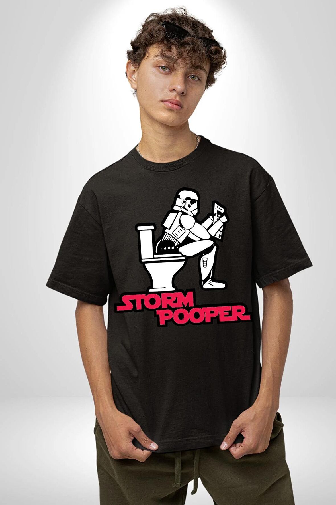 Storm Pooper Star Wars Tuvalet Gazete Pamuklu Bisiklet Yaka Kadın Erkek Oversize Boyfriend Dijital Baskılı Siyah T-shirt