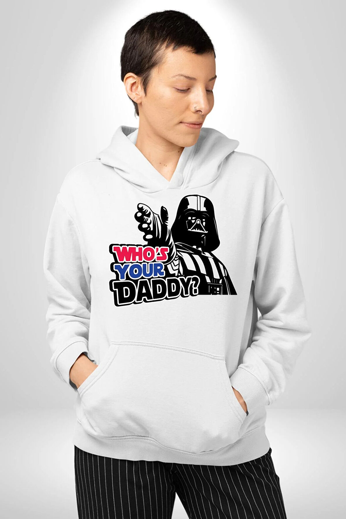 Darth Vader Senin Baban Kim ? Kadın Erkek  Beyaz Kapüşonlu Sweatshirt Hoodie