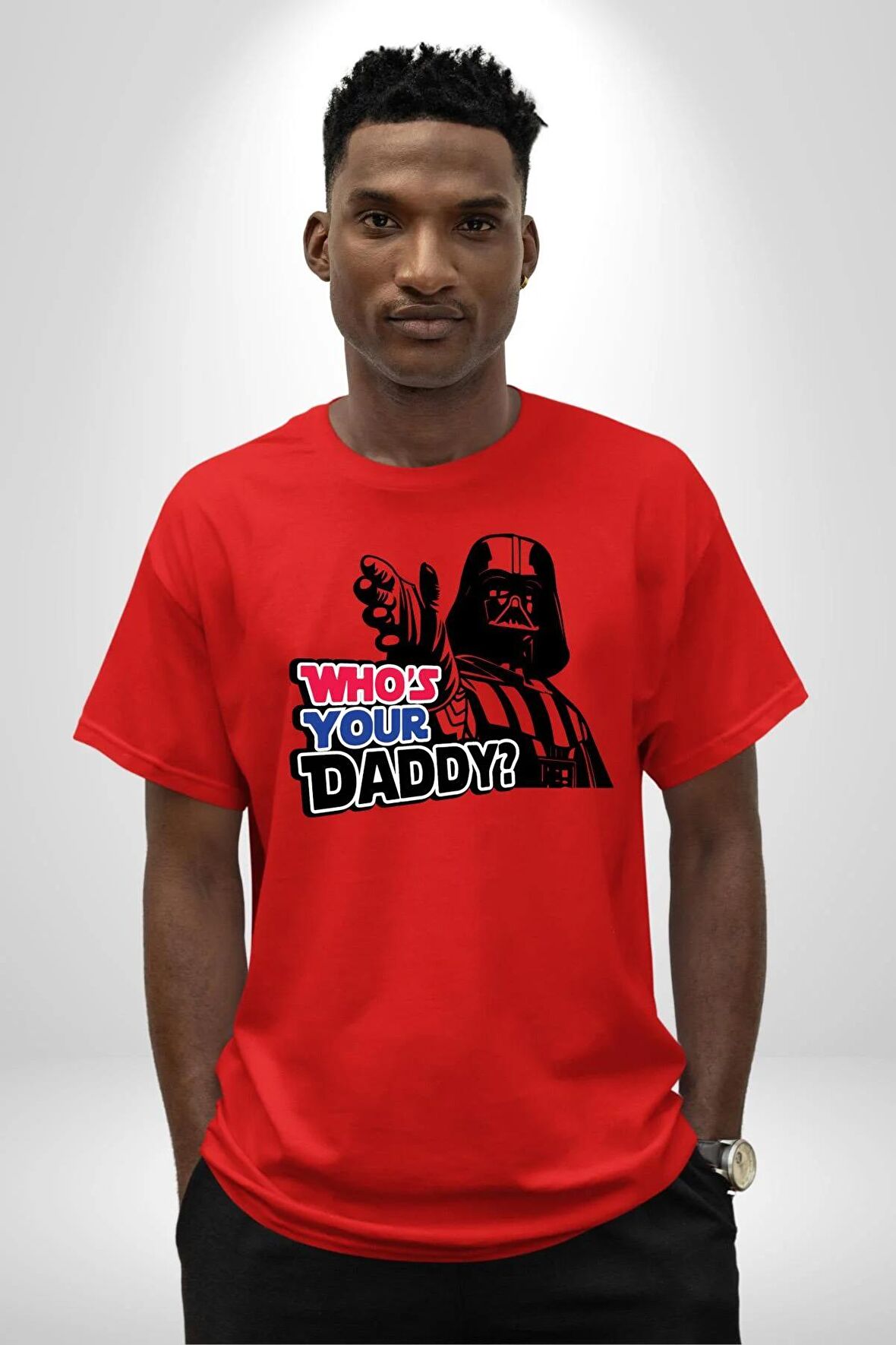 Darth Vader Senin Baban Kim ? Pamuklu Bisiklet Yaka Kadın Erkek Oversize Boyfriend Dijital Baskılı Kırmızı T-shirt