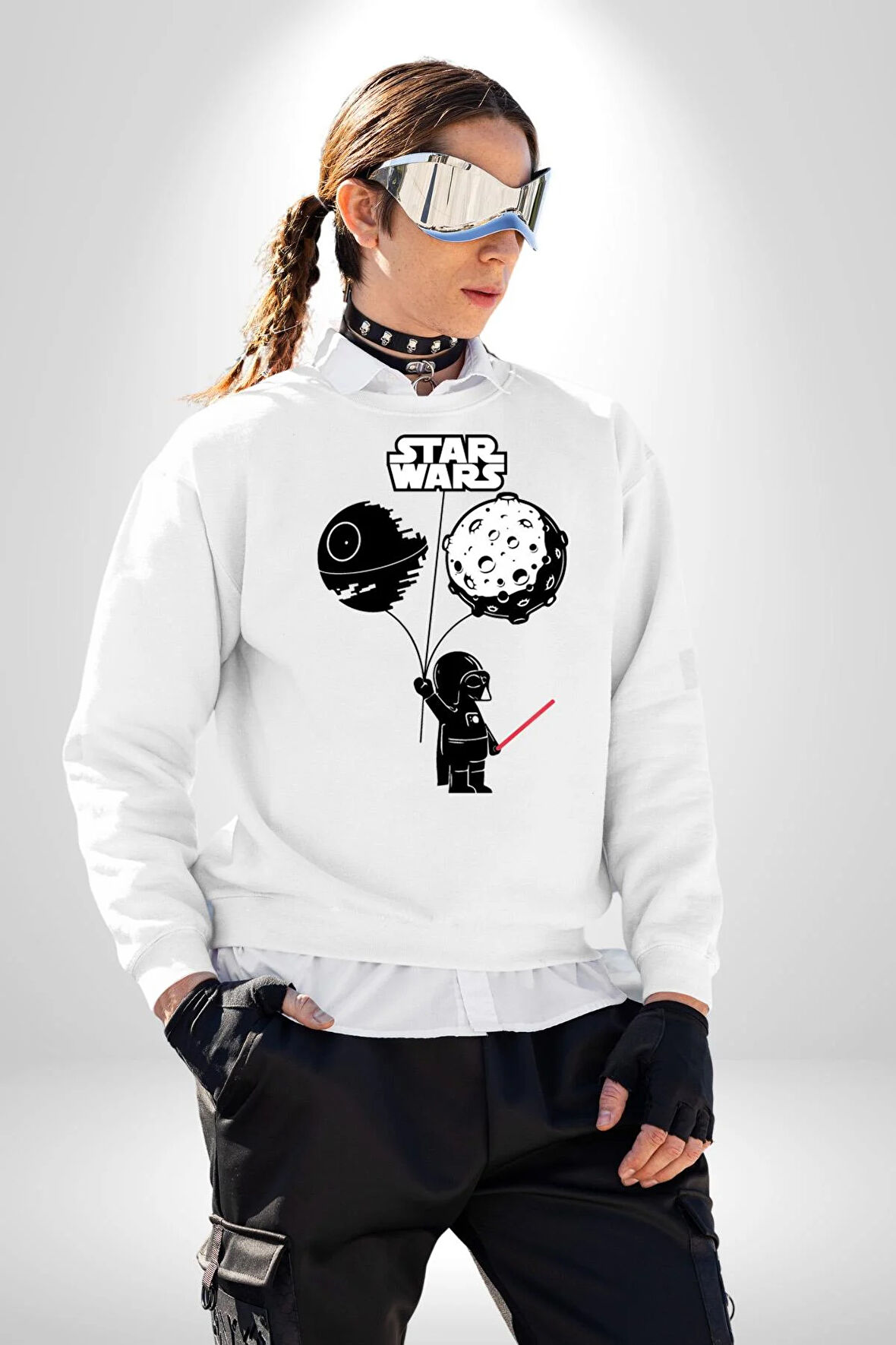 Bebek Darth Vader Balon Gezegen Kadın Erkek Beyaz Sweatshirt 