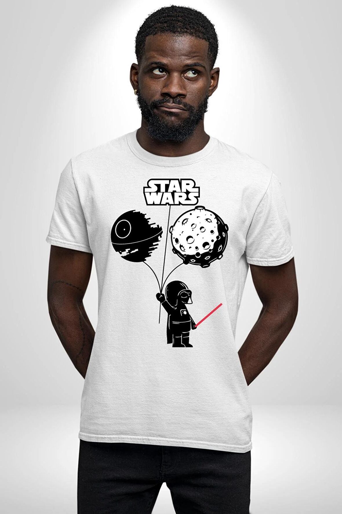 Bebek Darth Vader Balon Gezegen Kadın Erkek Unisex Beyaz Organik Baskılı T-Shirt Penye Yüksek Kalite