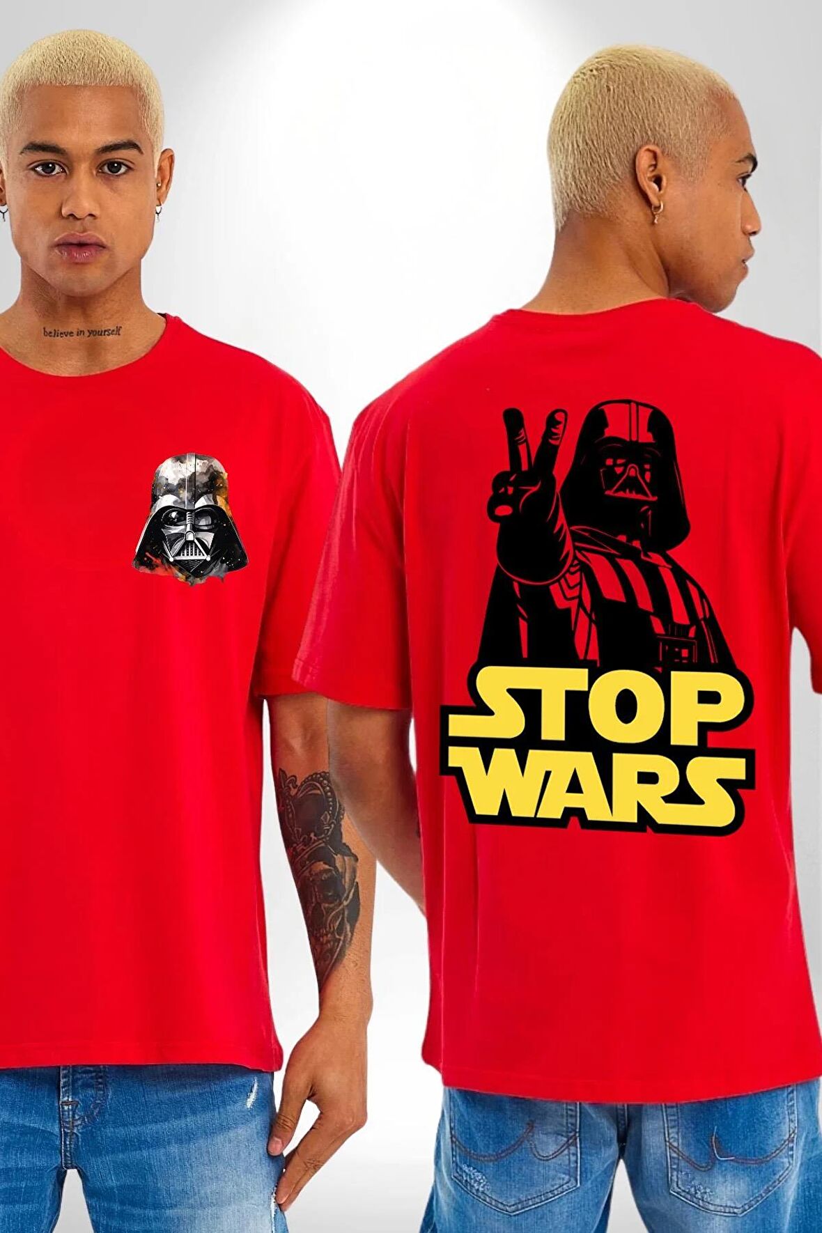 Darth Vader Savaşa Hayır Barış Kırmızı Oversize Kadın Erkek Ön ve Sırt Baskılı Tişört