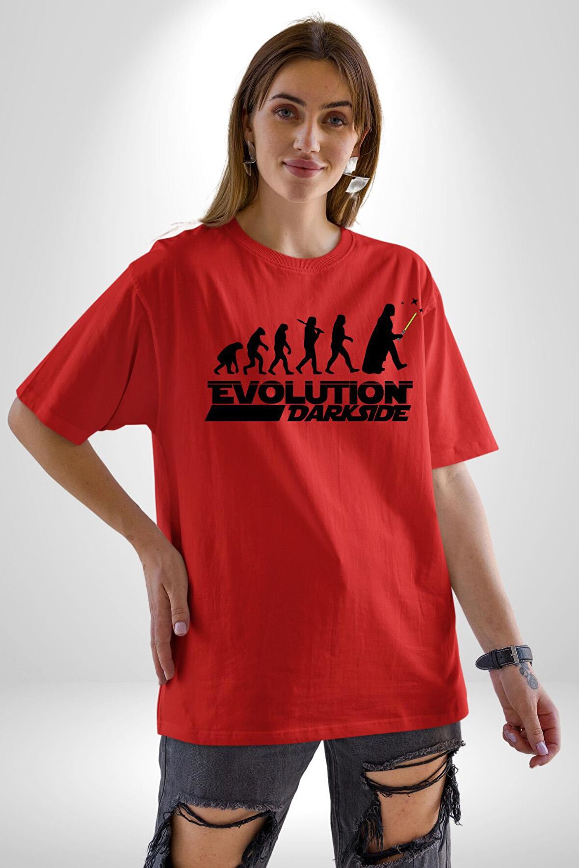 Evrim Yıldız Savaşları İnsanlık Pamuklu Bisiklet Yaka Kadın Erkek Oversize Boyfriend Dijital Baskılı Kırmızı T-shirt