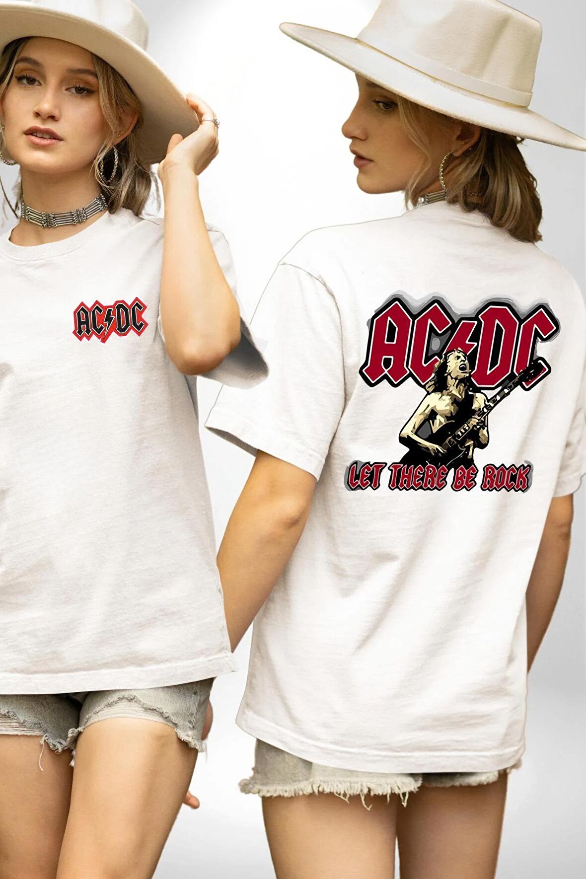 AC/DC Let There Be Rock Beyaz Oversize Kadın Erkek Ön ve Sırt Baskılı Tişört