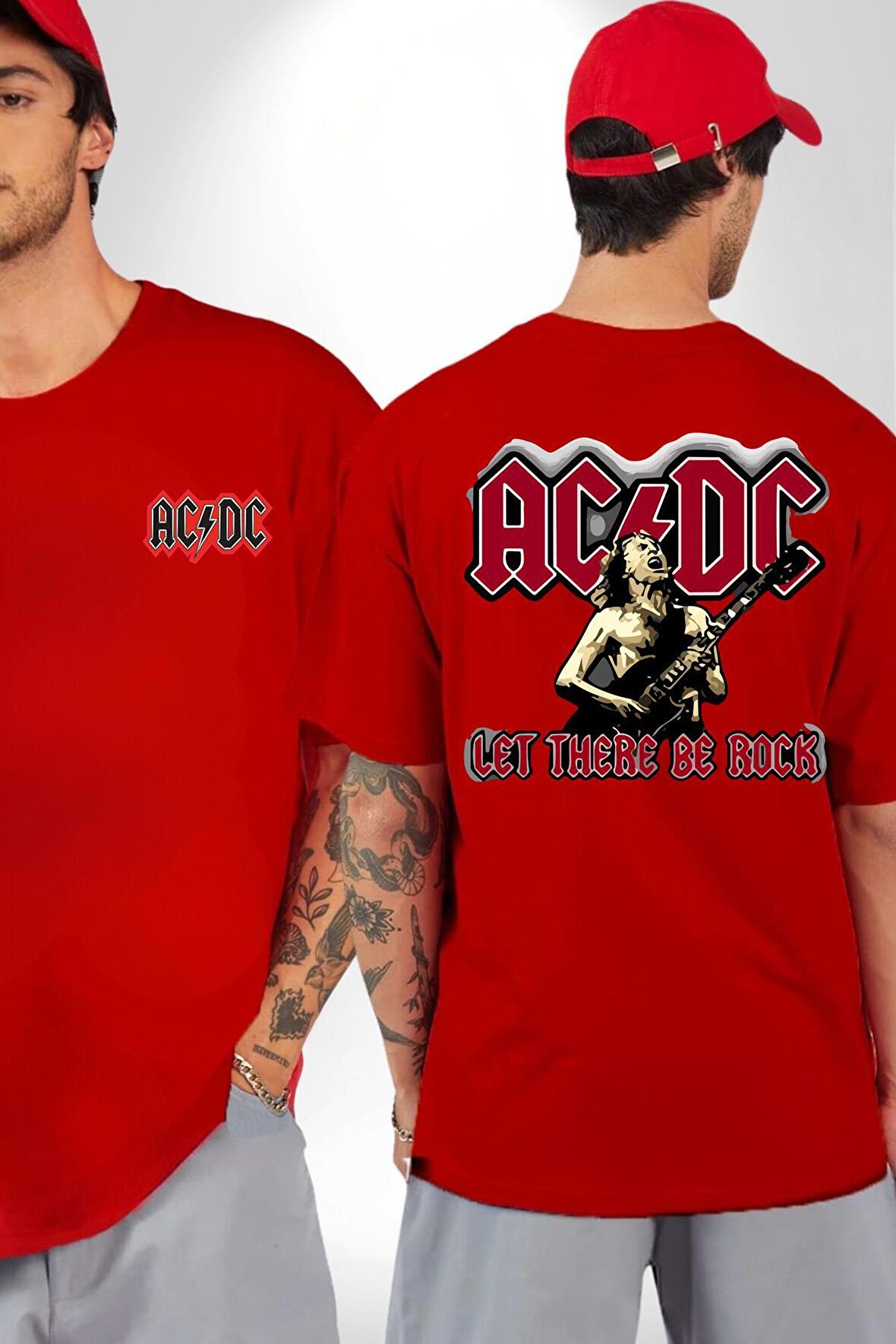 AC/DC Let There Be Rock Kırmızı Oversize Kadın Erkek Ön ve Sırt Baskılı Tişört