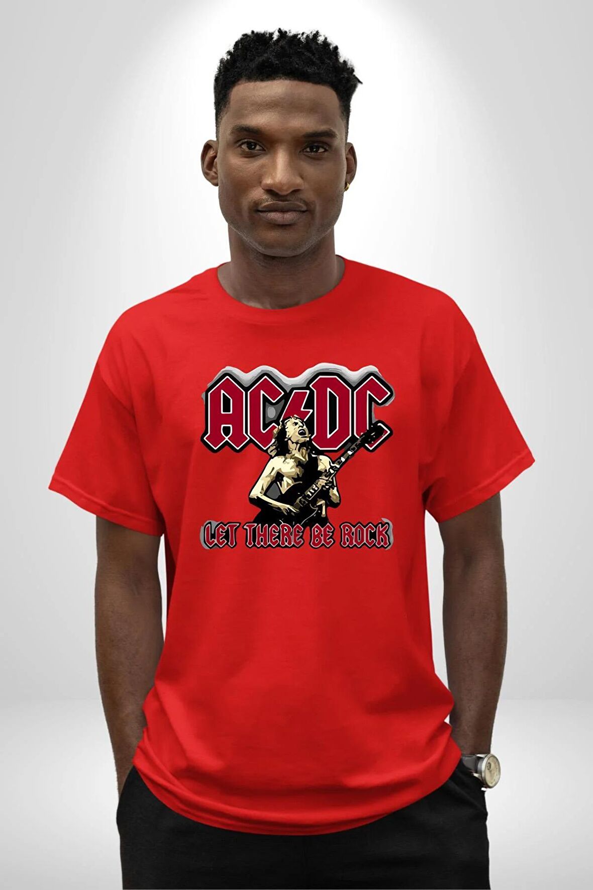 AC/DC Let There Be Rock Pamuklu Bisiklet Yaka Kadın Erkek Oversize Boyfriend Dijital Baskılı Kırmızı T-shirt