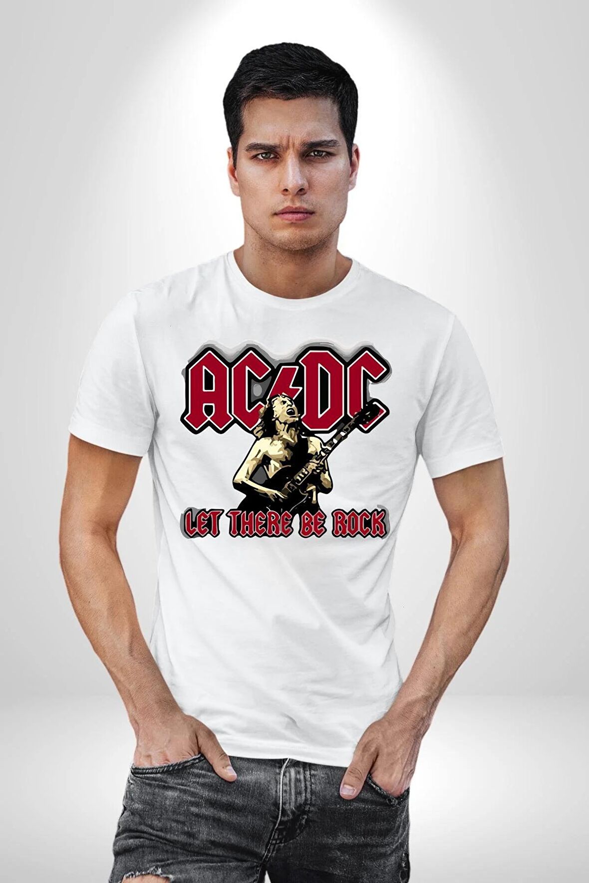 AC/DC Let There Be Rock Kadın Erkek Unisex Beyaz Organik Baskılı T-Shirt Penye Yüksek Kalite