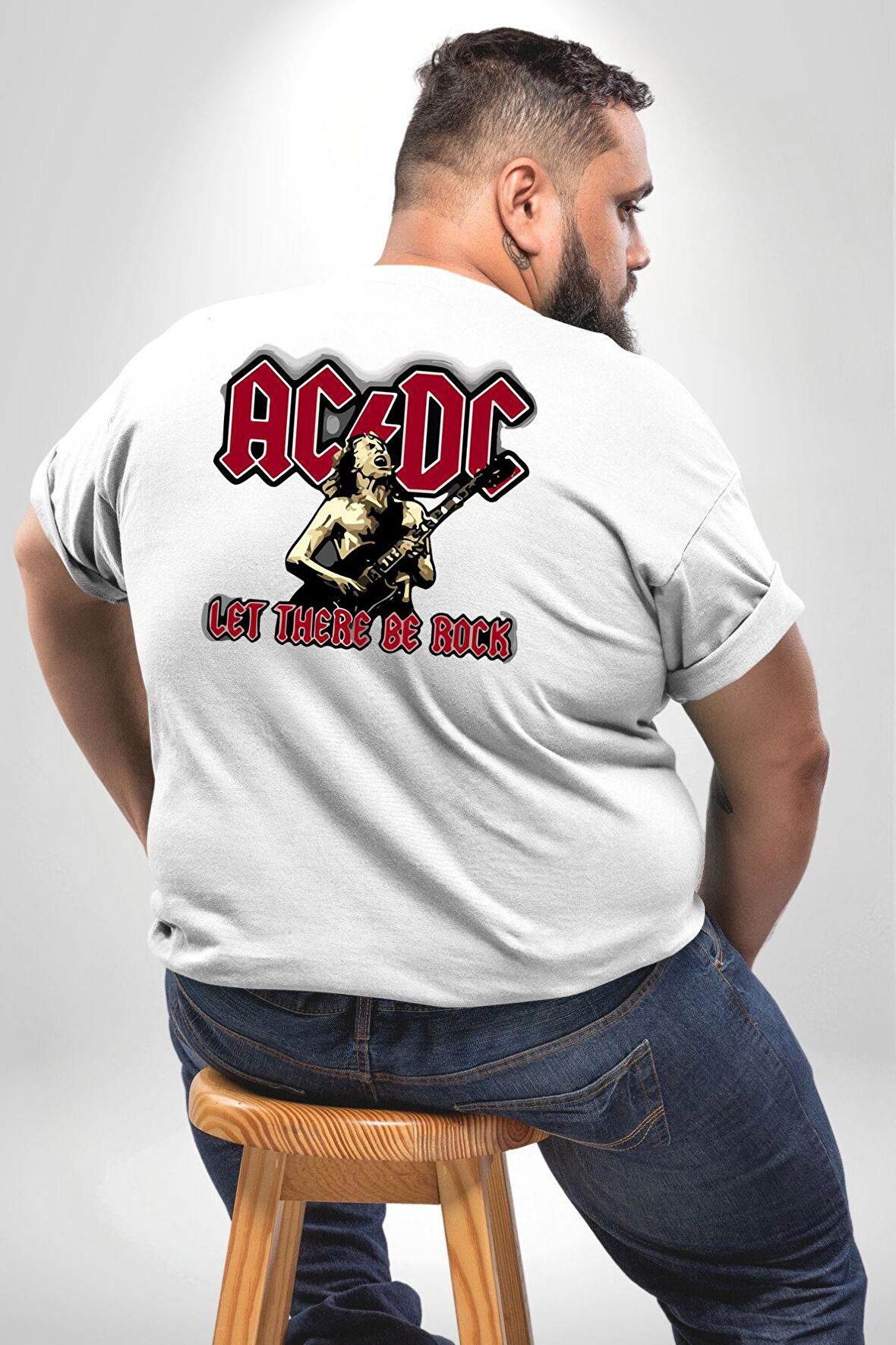 AC/DC Let There Be Rock Büyük Beden Beyaz Tişört Kadın Erkek Ünisex Sırt Baskılı